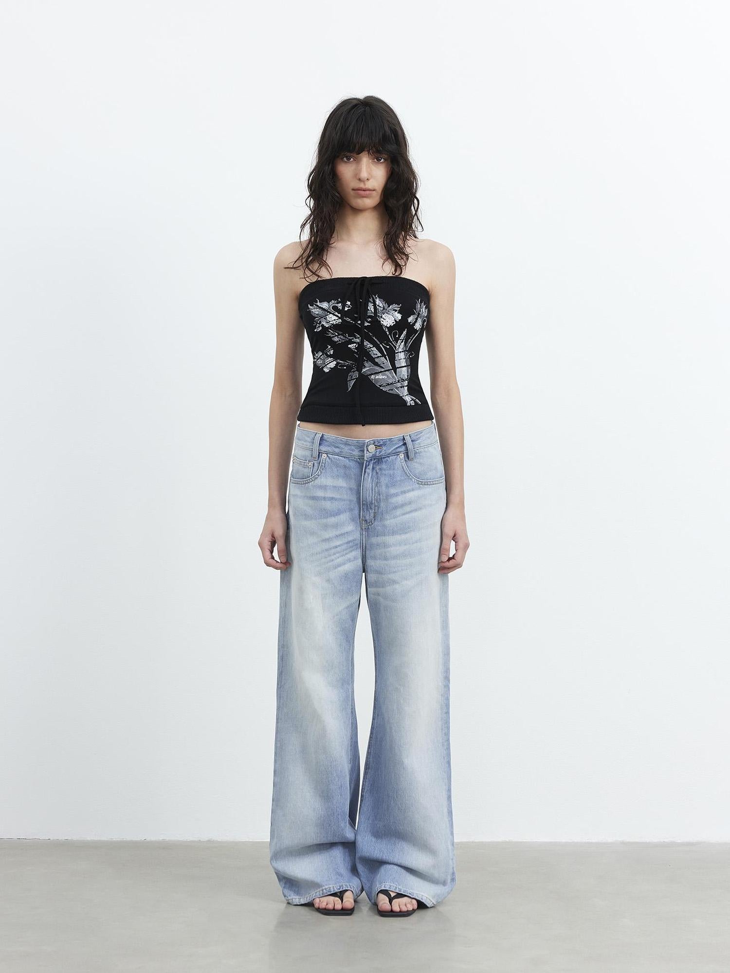 AFTADAWN Lycocell Ribbed Lace Up Floral Print Fitted Camisole Top