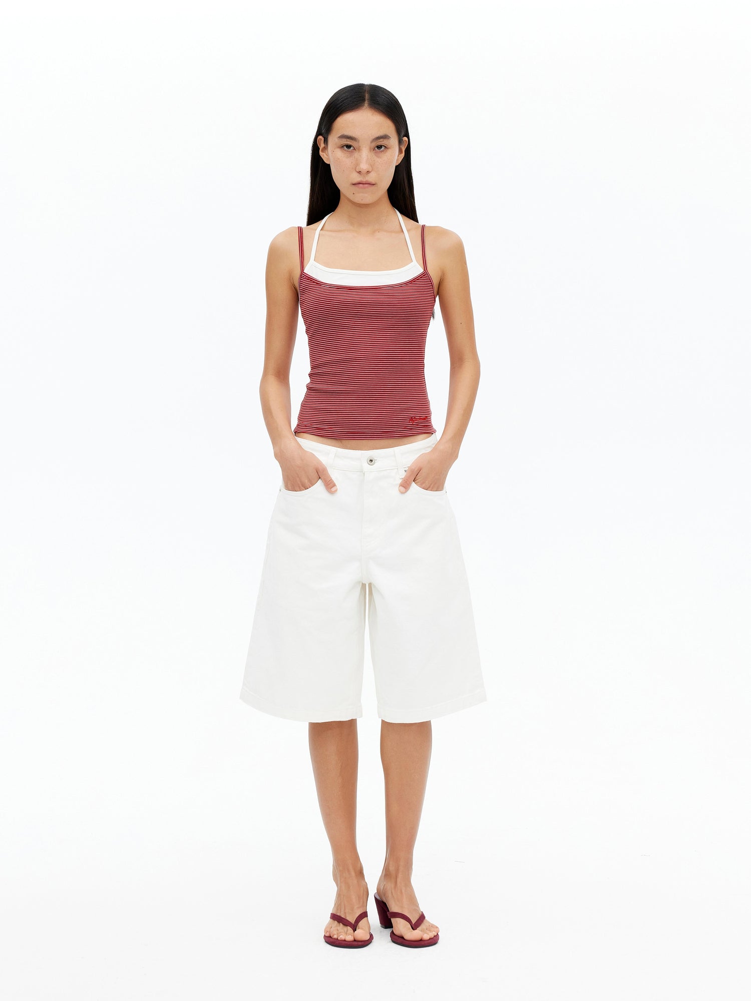 AFTADAWN Lyocell Layered Halter Neck Striped Top