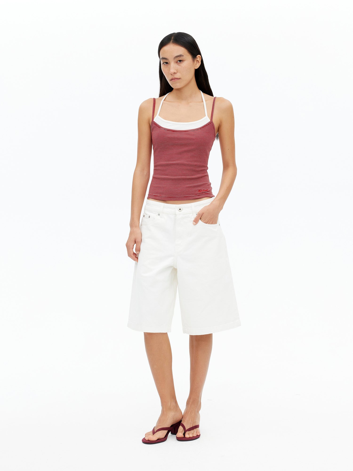 AFTADAWN Lyocell Layered Halter Neck Striped Top