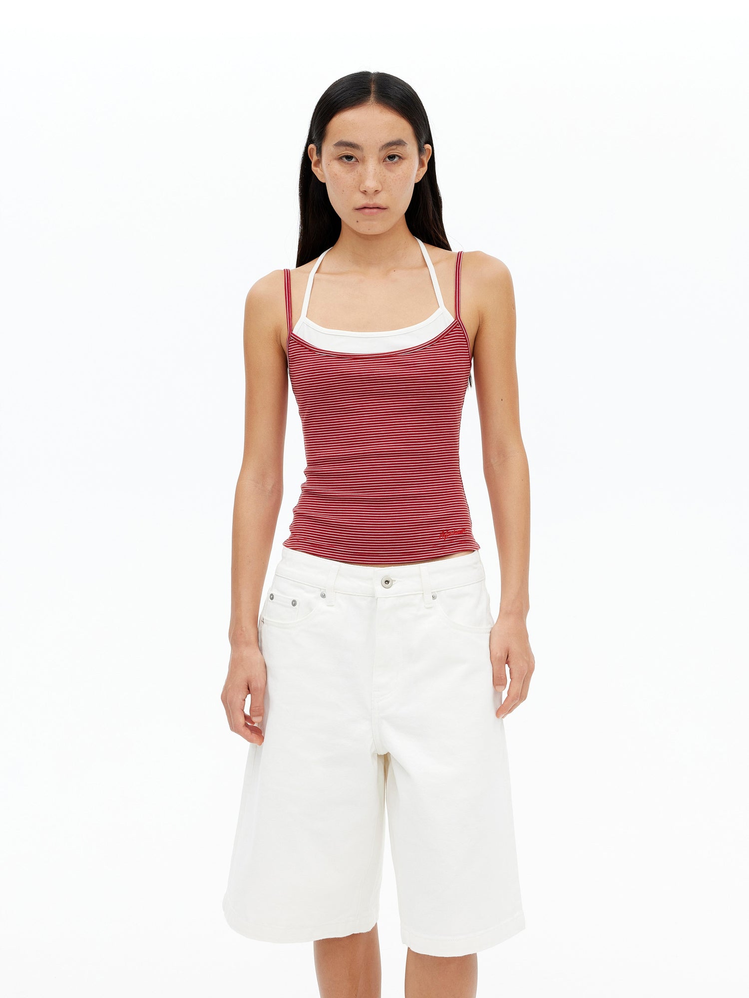 AFTADAWN Lyocell Layered Halter Neck Striped Top