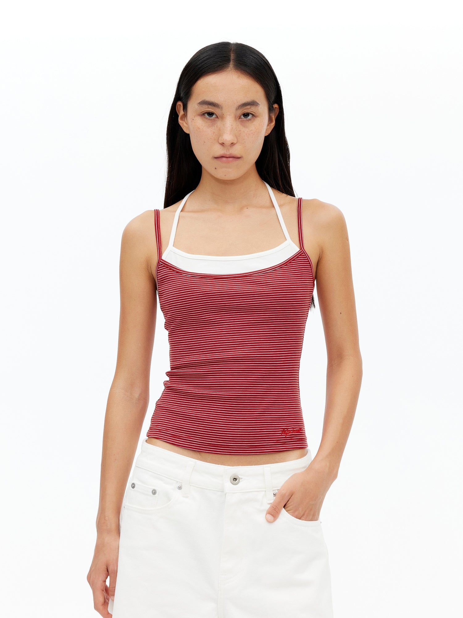AFTADAWN Lyocell Layered Halter Neck Striped Top