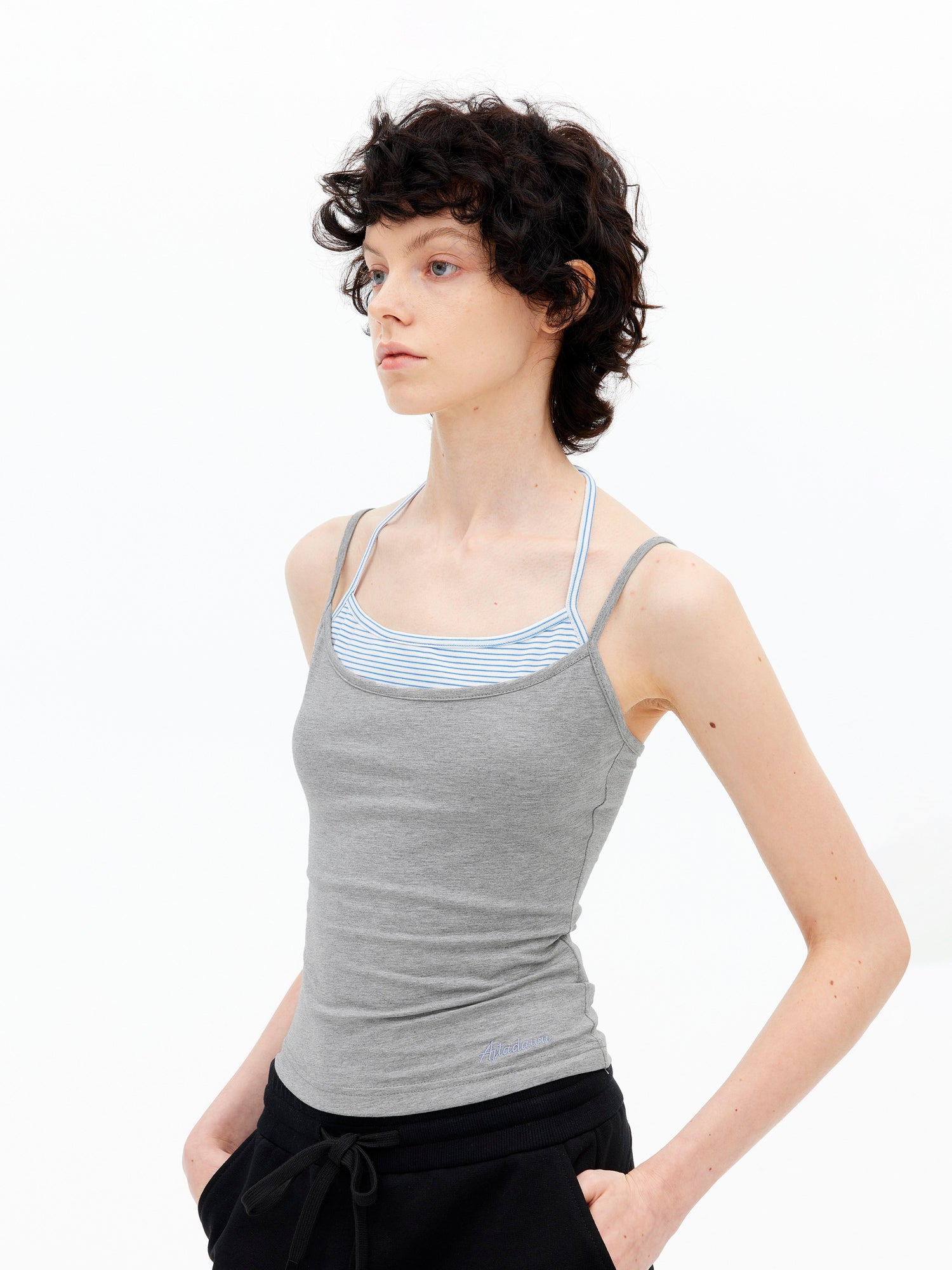 AFTADAWN Lyocell Layered Halter Neck Striped Top