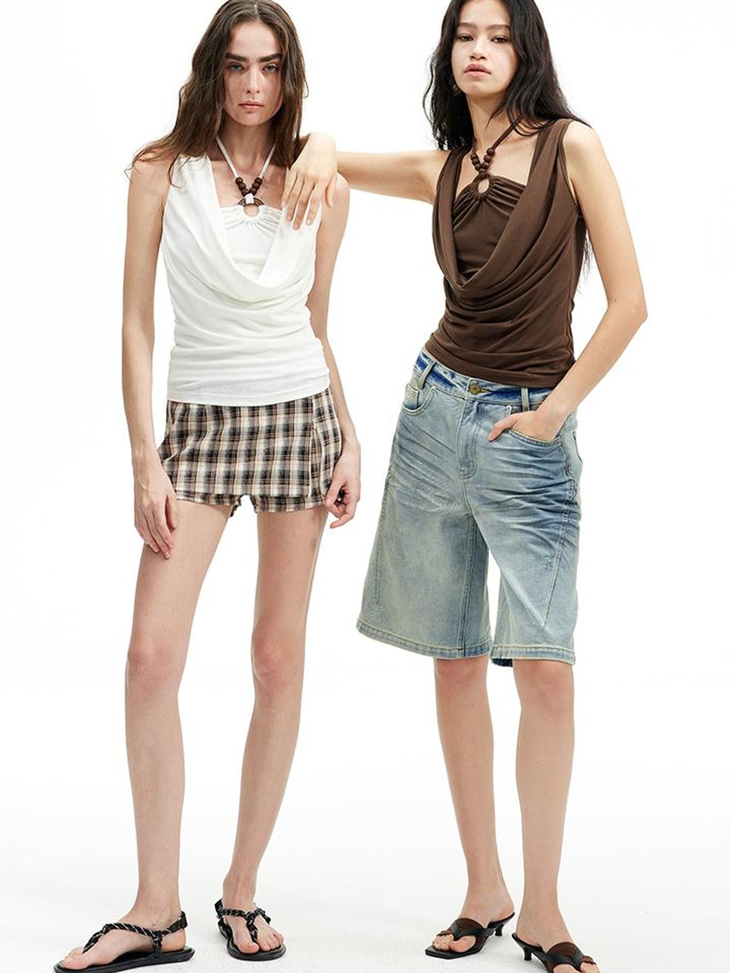 AFTADAWN Lyocell Layered Halter Necklace Beaded Vest Camisole