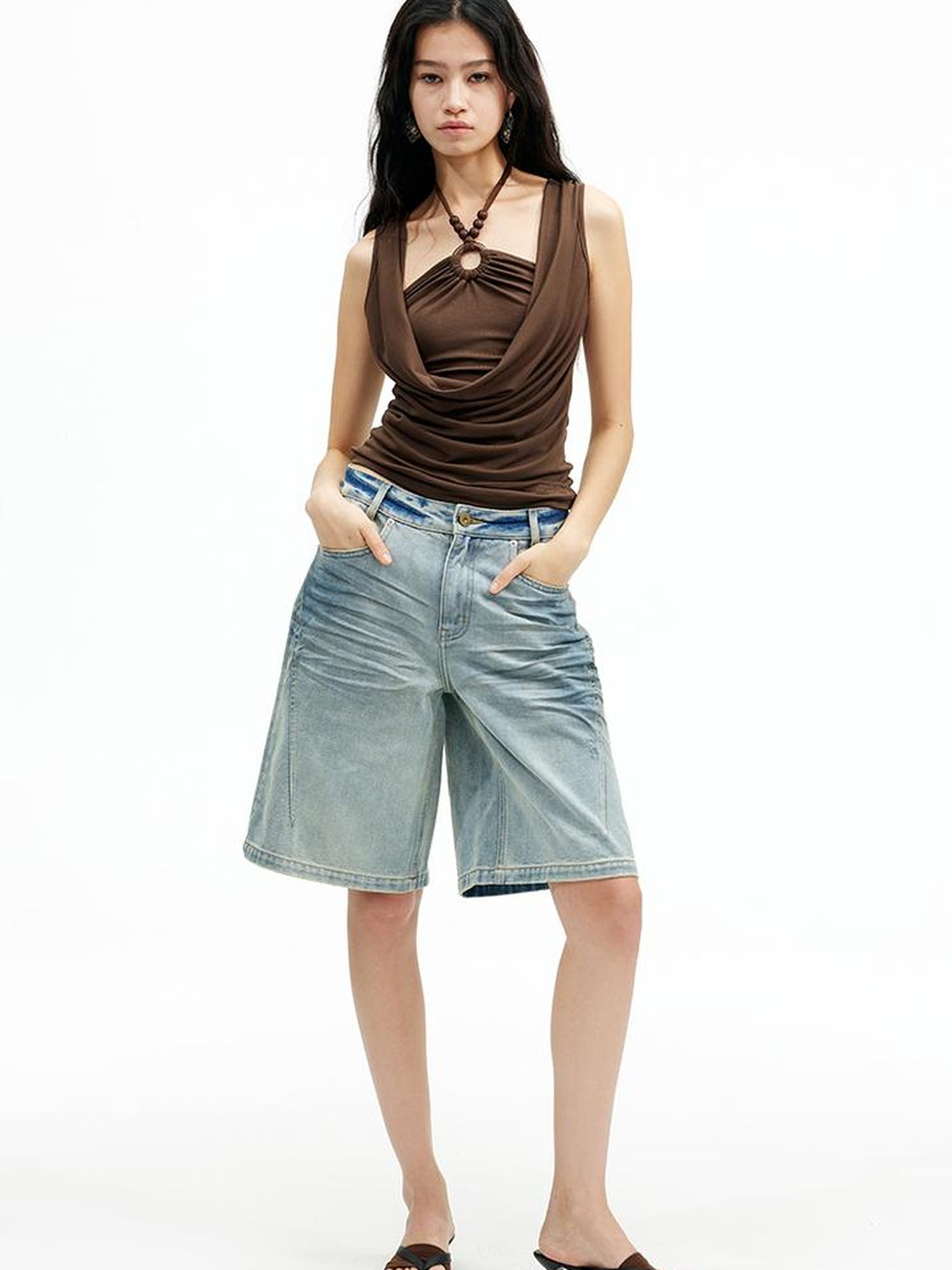 AFTADAWN Lyocell Layered Halter Necklace Beaded Vest Camisole