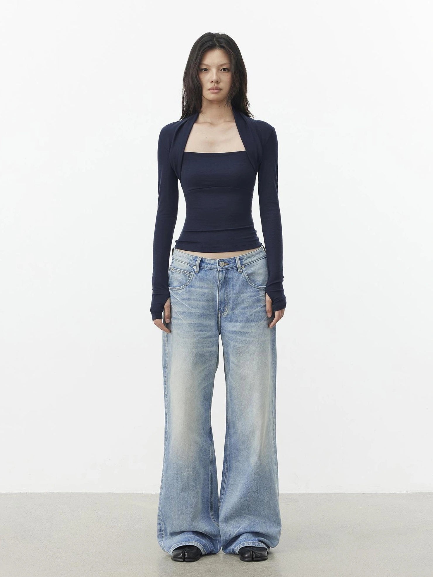 Lyocell Wool Blend Fitted Mock Neck Top T-shirt