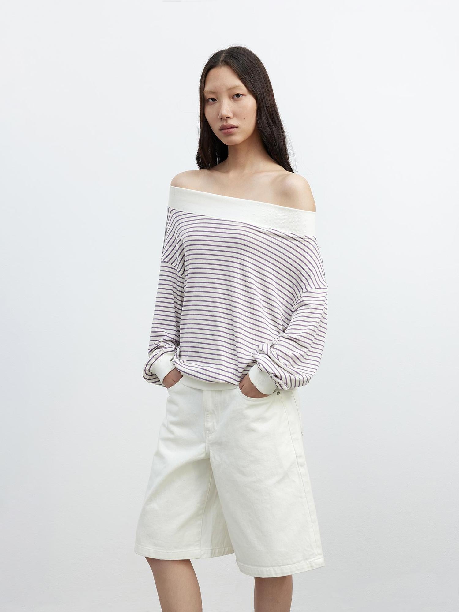 AFTADAWN Lyocell Wool Blend Striped Off Shoulder Long Sleeve Top