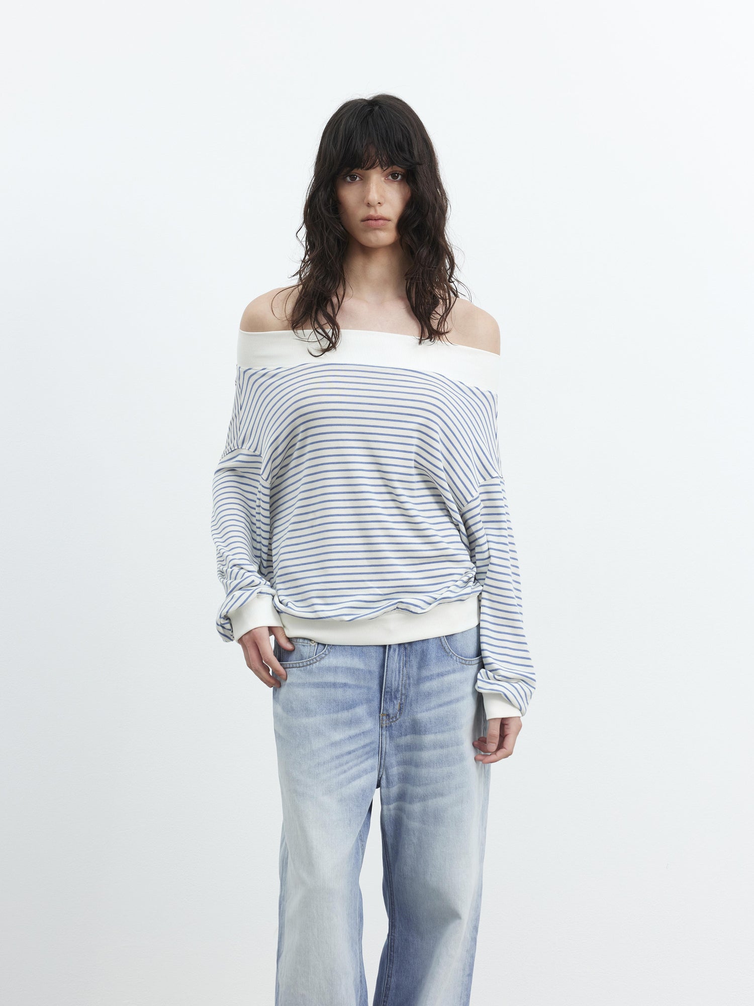 AFTADAWN Lyocell Wool Blend Striped Off Shoulder Long Sleeve Top