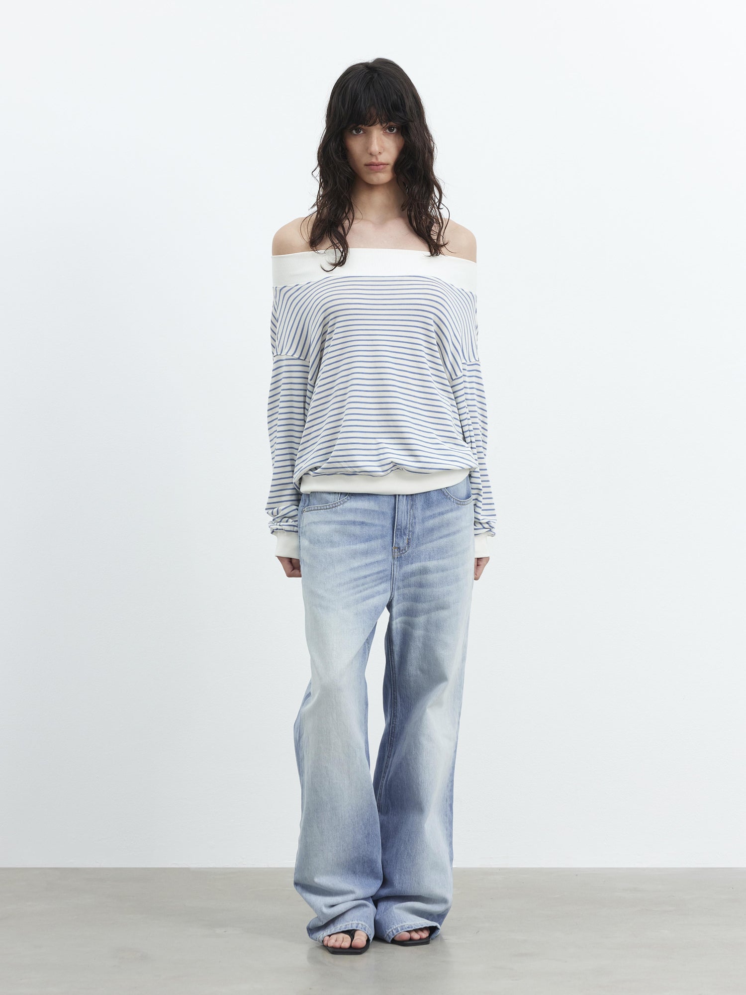 AFTADAWN Lyocell Wool Blend Striped Off Shoulder Long Sleeve Top