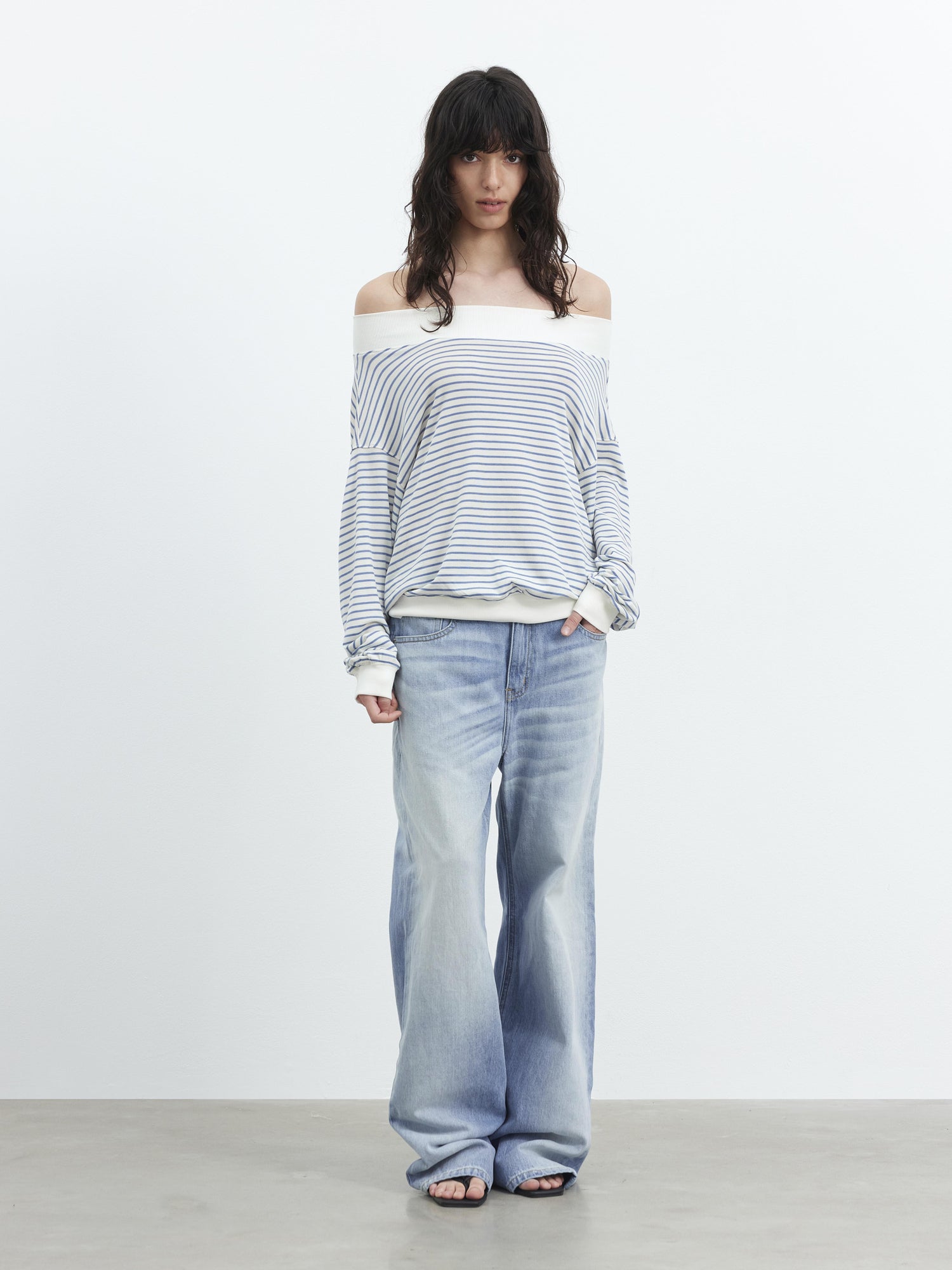 AFTADAWN Lyocell Wool Blend Striped Off Shoulder Long Sleeve Top