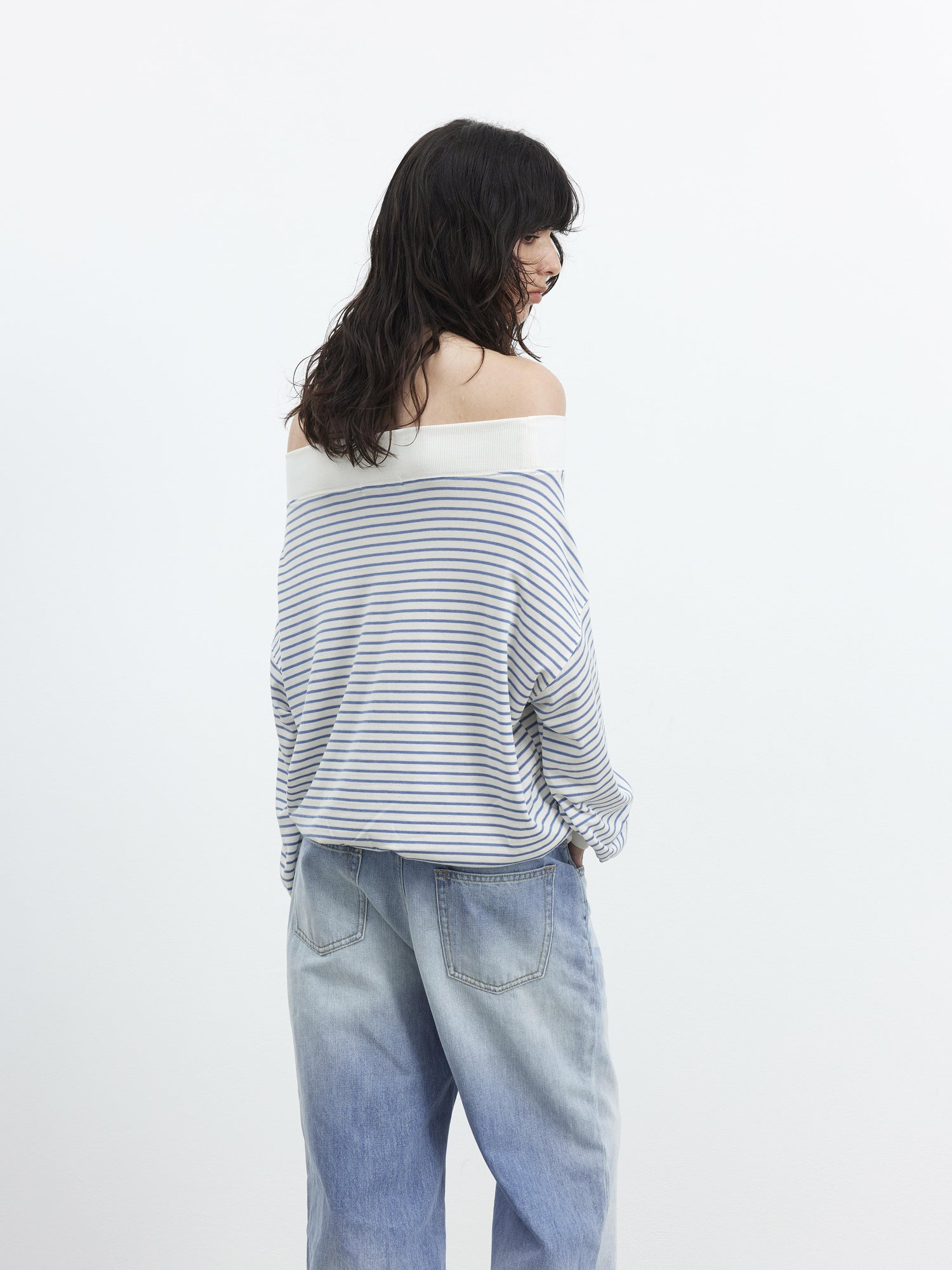 AFTADAWN Lyocell Wool Blend Striped Off Shoulder Long Sleeve Top