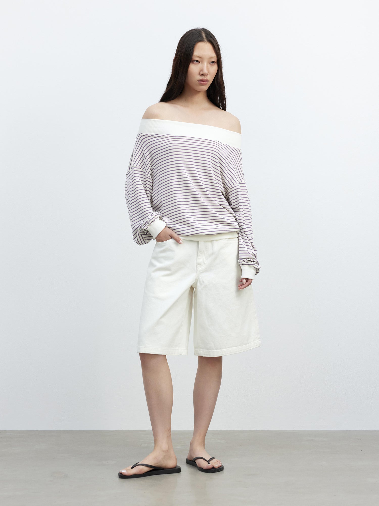 AFTADAWN Lyocell Wool Blend Striped Off Shoulder Long Sleeve Top