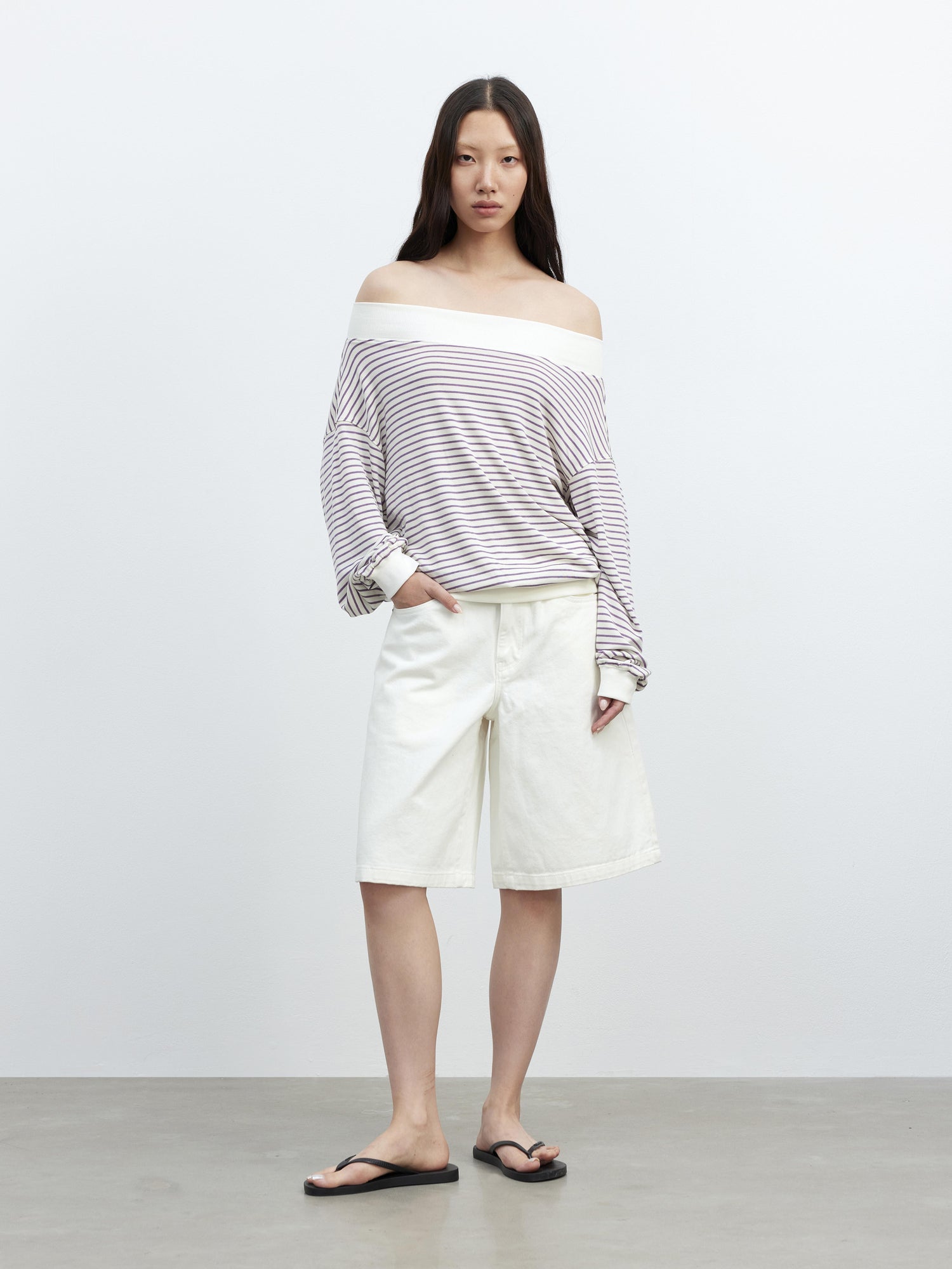 AFTADAWN Lyocell Wool Blend Striped Off Shoulder Long Sleeve Top