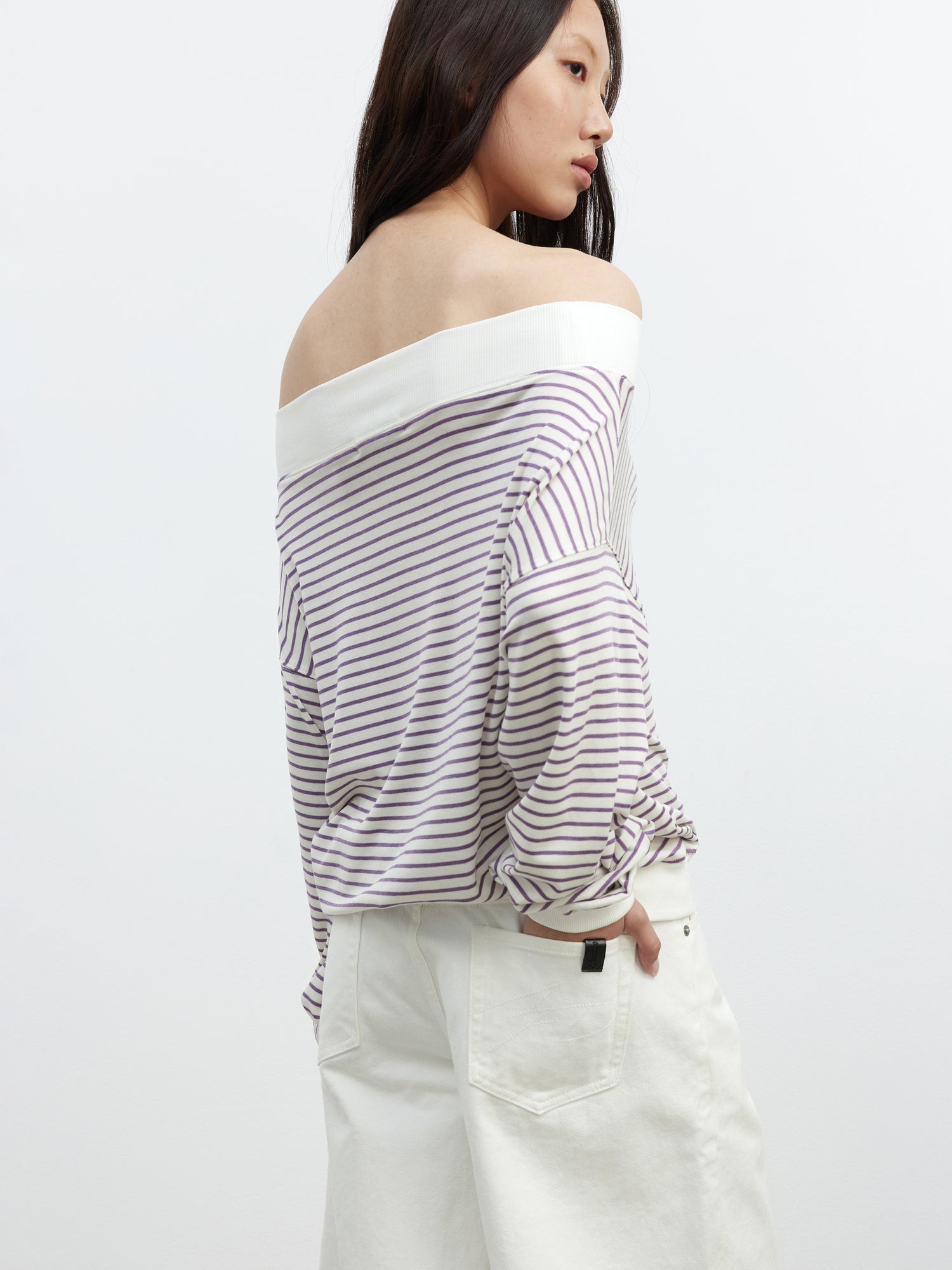 AFTADAWN Lyocell Wool Blend Striped Off Shoulder Long Sleeve Top