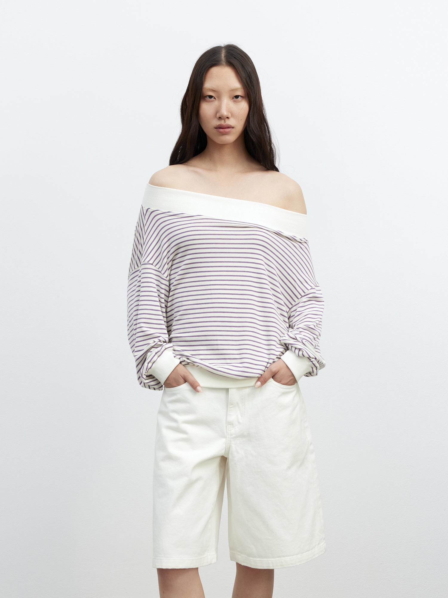 AFTADAWN Lyocell Wool Blend Striped Off Shoulder Long Sleeve Top