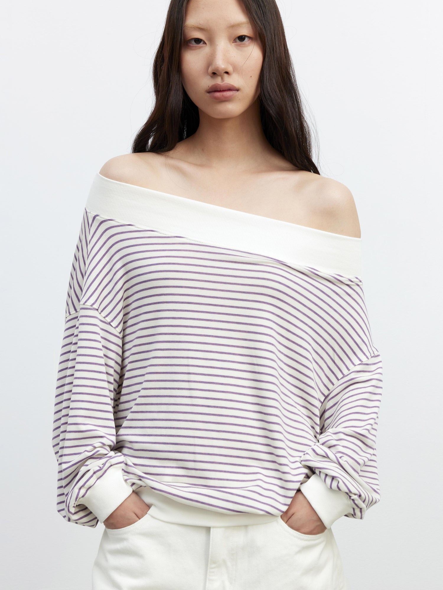 AFTADAWN Lyocell Wool Blend Striped Off Shoulder Long Sleeve Top