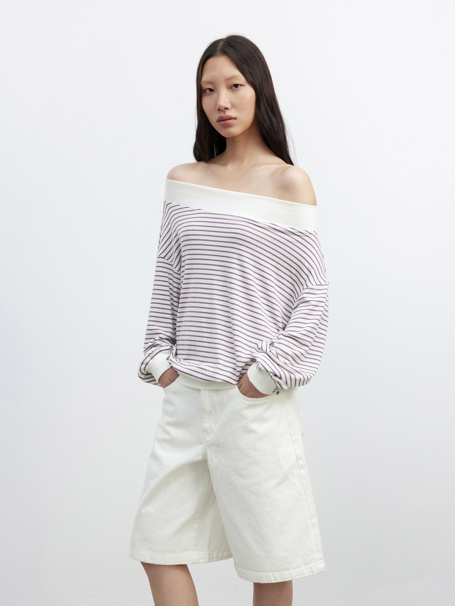 AFTADAWN Lyocell Wool Blend Striped Off Shoulder Long Sleeve Top