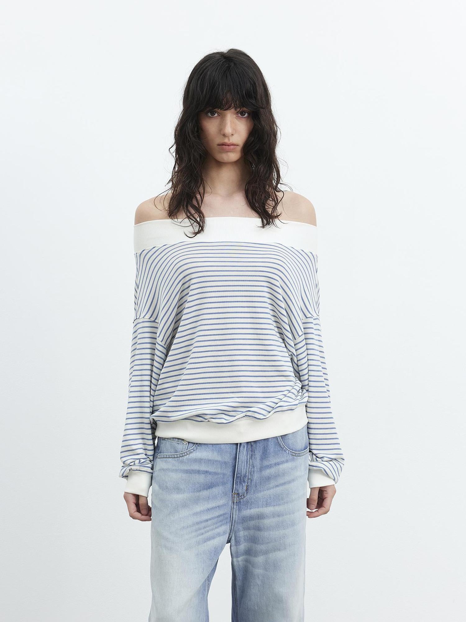 AFTADAWN Lyocell Wool Blend Striped Off Shoulder Long Sleeve Top