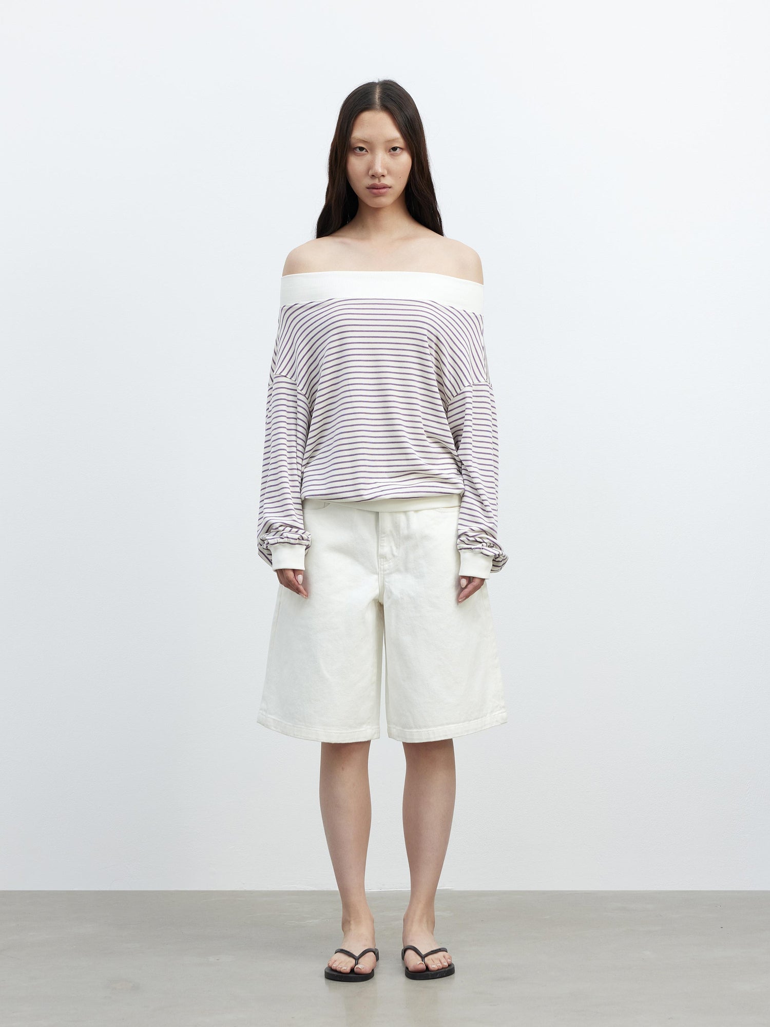 AFTADAWN Lyocell Wool Blend Striped Off Shoulder Long Sleeve Top