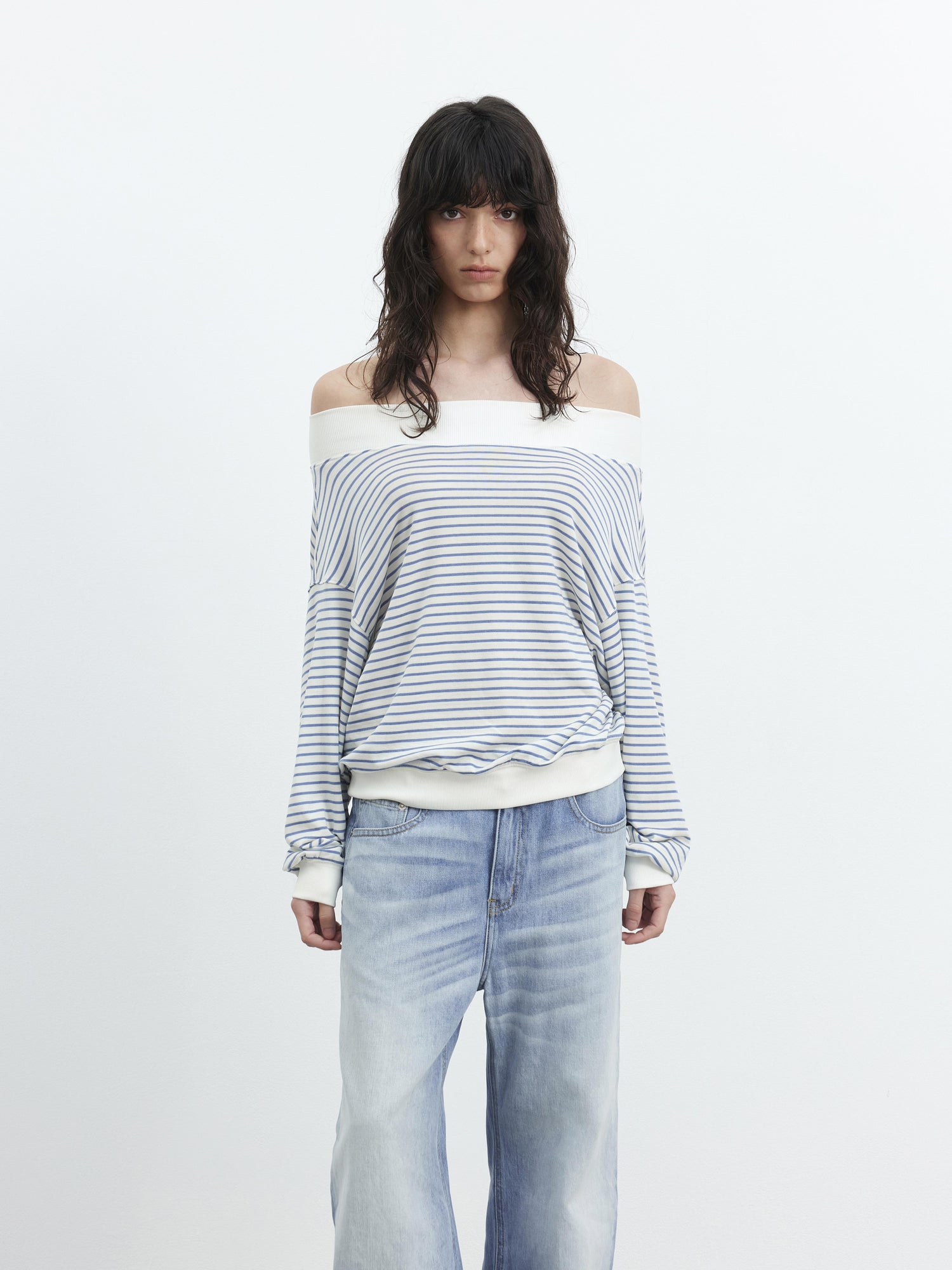 AFTADAWN Lyocell Wool Blend Striped Off Shoulder Long Sleeve Top