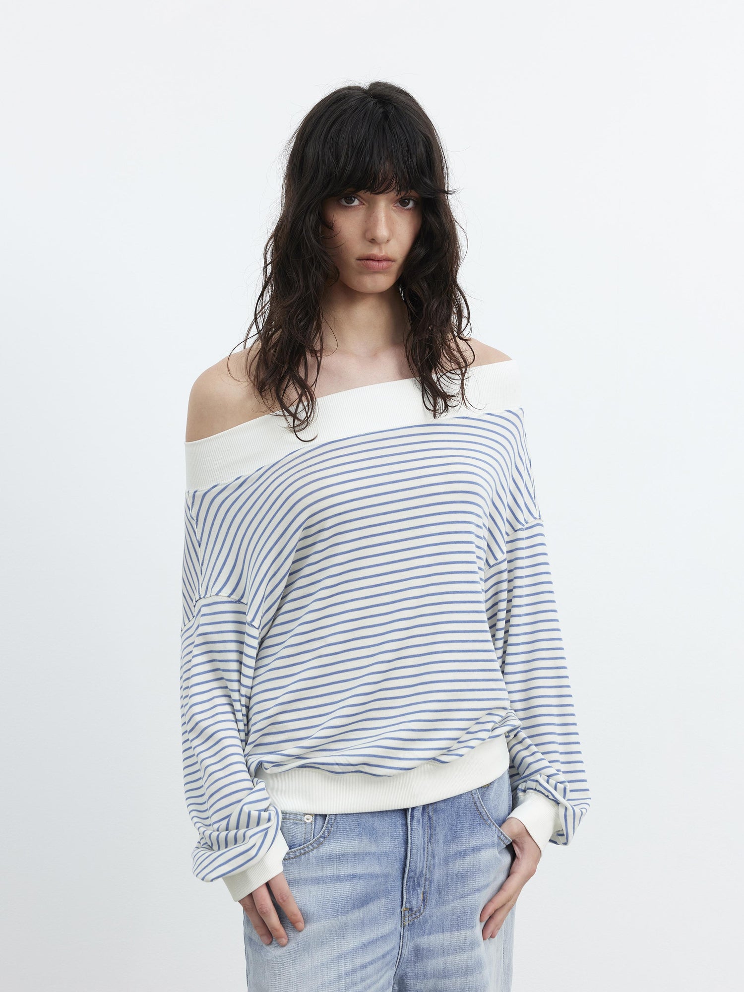 AFTADAWN Lyocell Wool Blend Striped Off Shoulder Long Sleeve Top