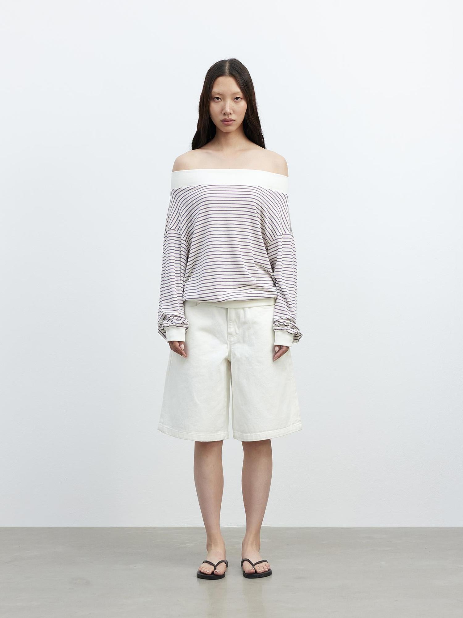 AFTADAWN Lyocell Wool Blend Striped Off Shoulder Long Sleeve Top