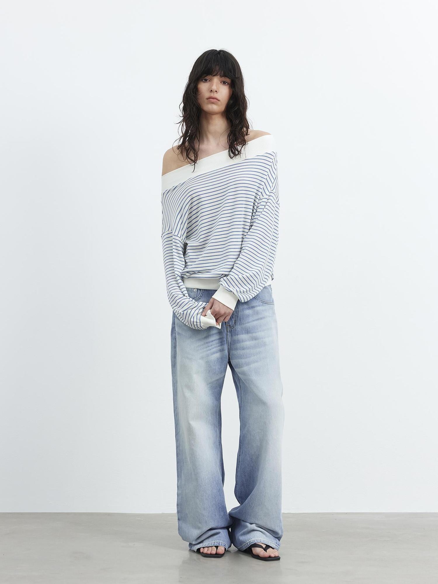 AFTADAWN Lyocell Wool Blend Striped Off Shoulder Long Sleeve Top