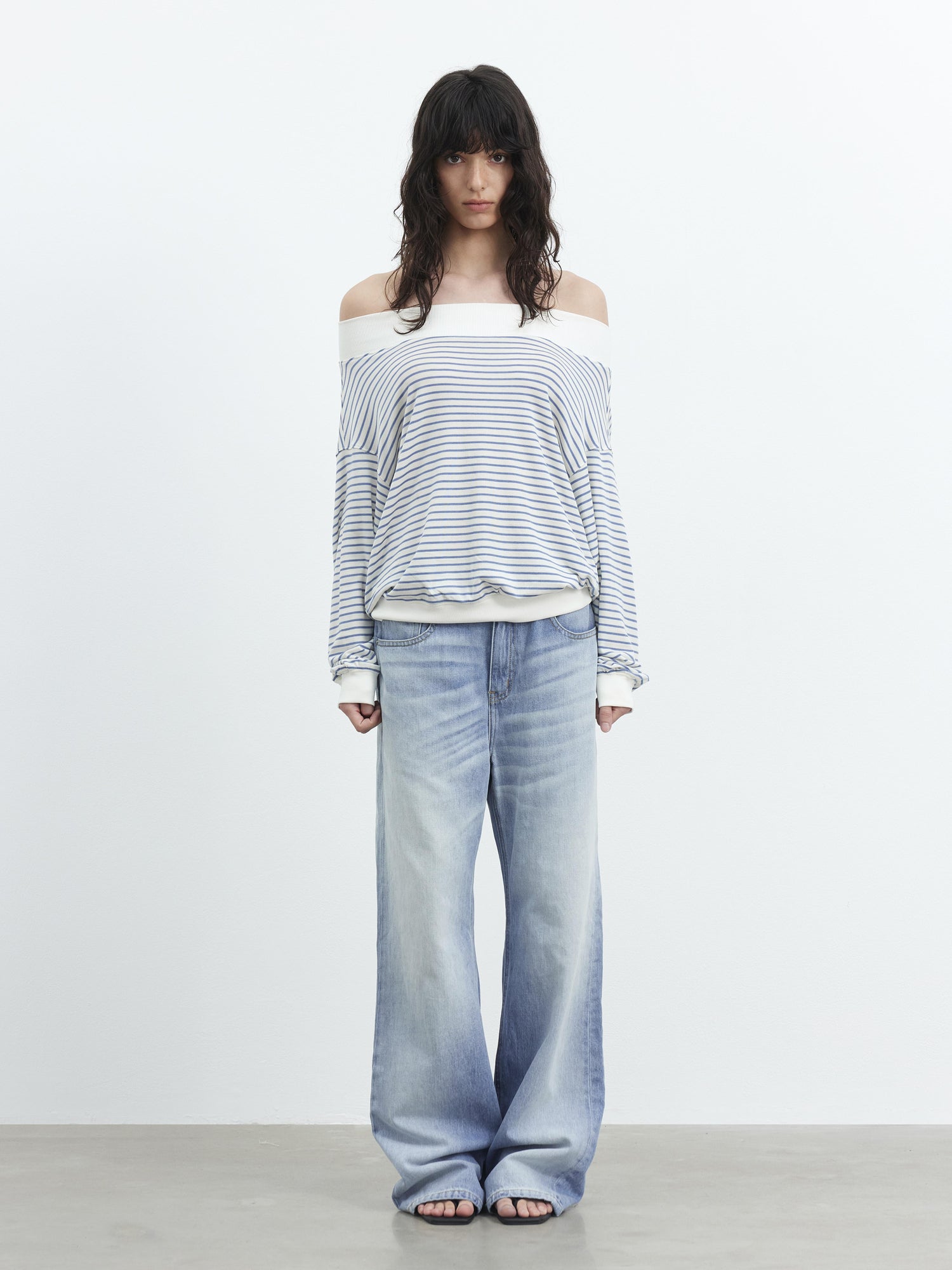 AFTADAWN Lyocell Wool Blend Striped Off Shoulder Long Sleeve Top