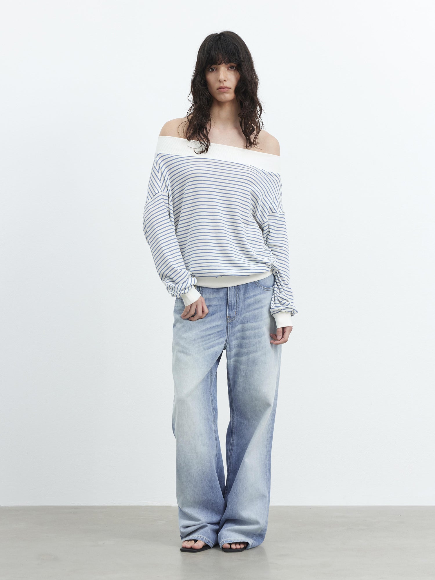 AFTADAWN Lyocell Wool Blend Striped Off Shoulder Long Sleeve Top