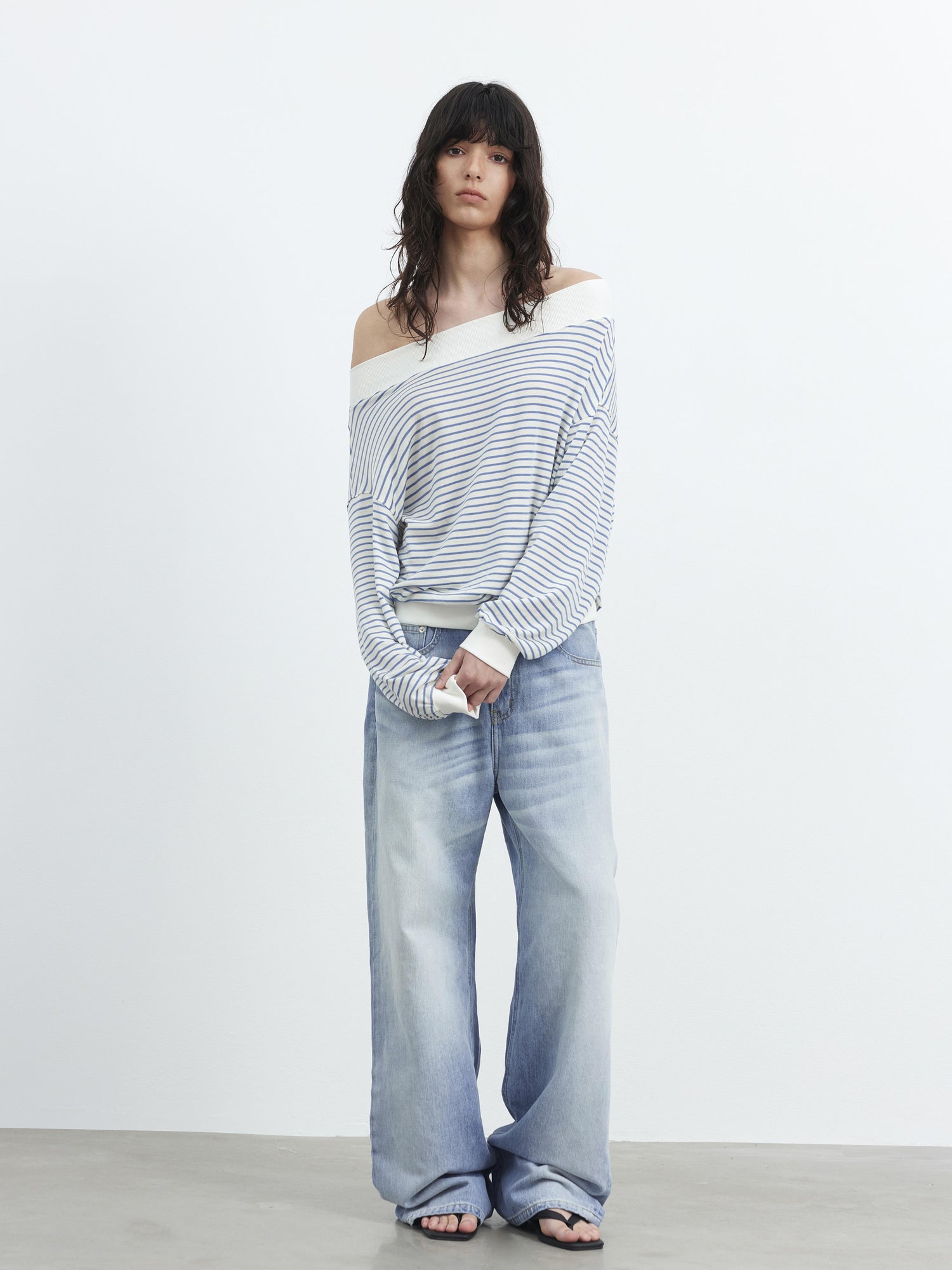 AFTADAWN Lyocell Wool Blend Striped Off Shoulder Long Sleeve Top