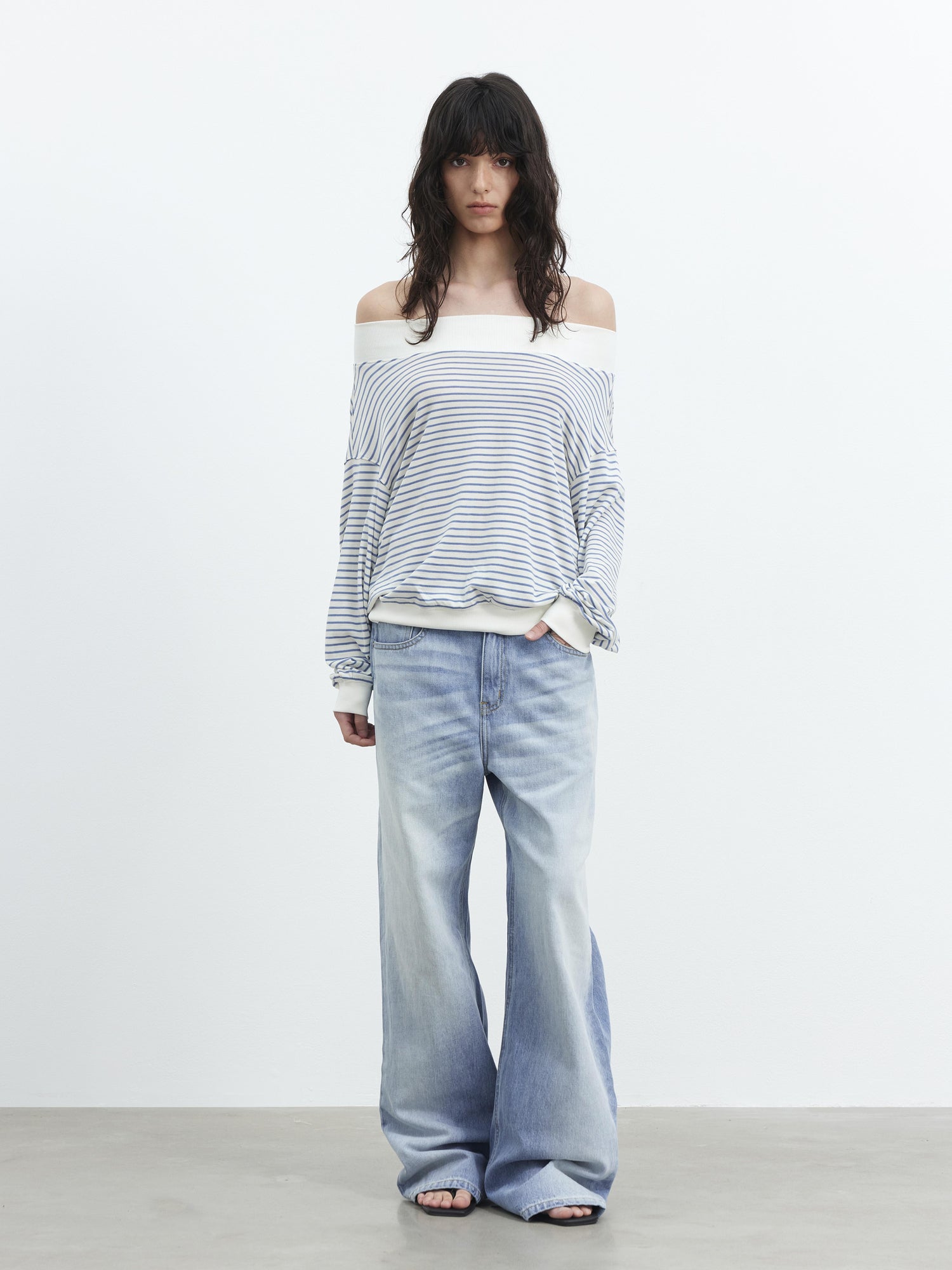 AFTADAWN Lyocell Wool Blend Striped Off Shoulder Long Sleeve Top