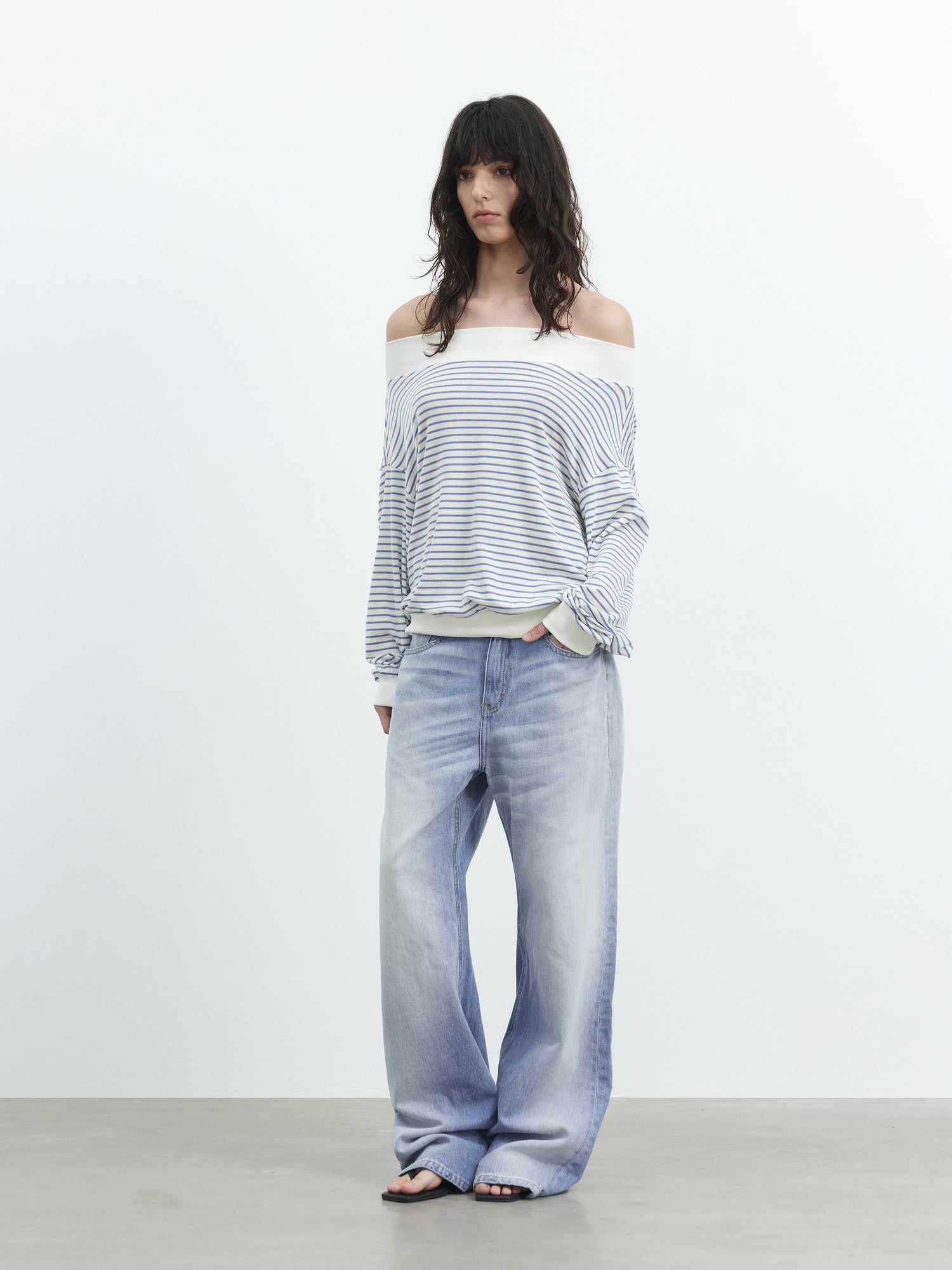 AFTADAWN Lyocell Wool Blend Striped Off Shoulder Long Sleeve Top