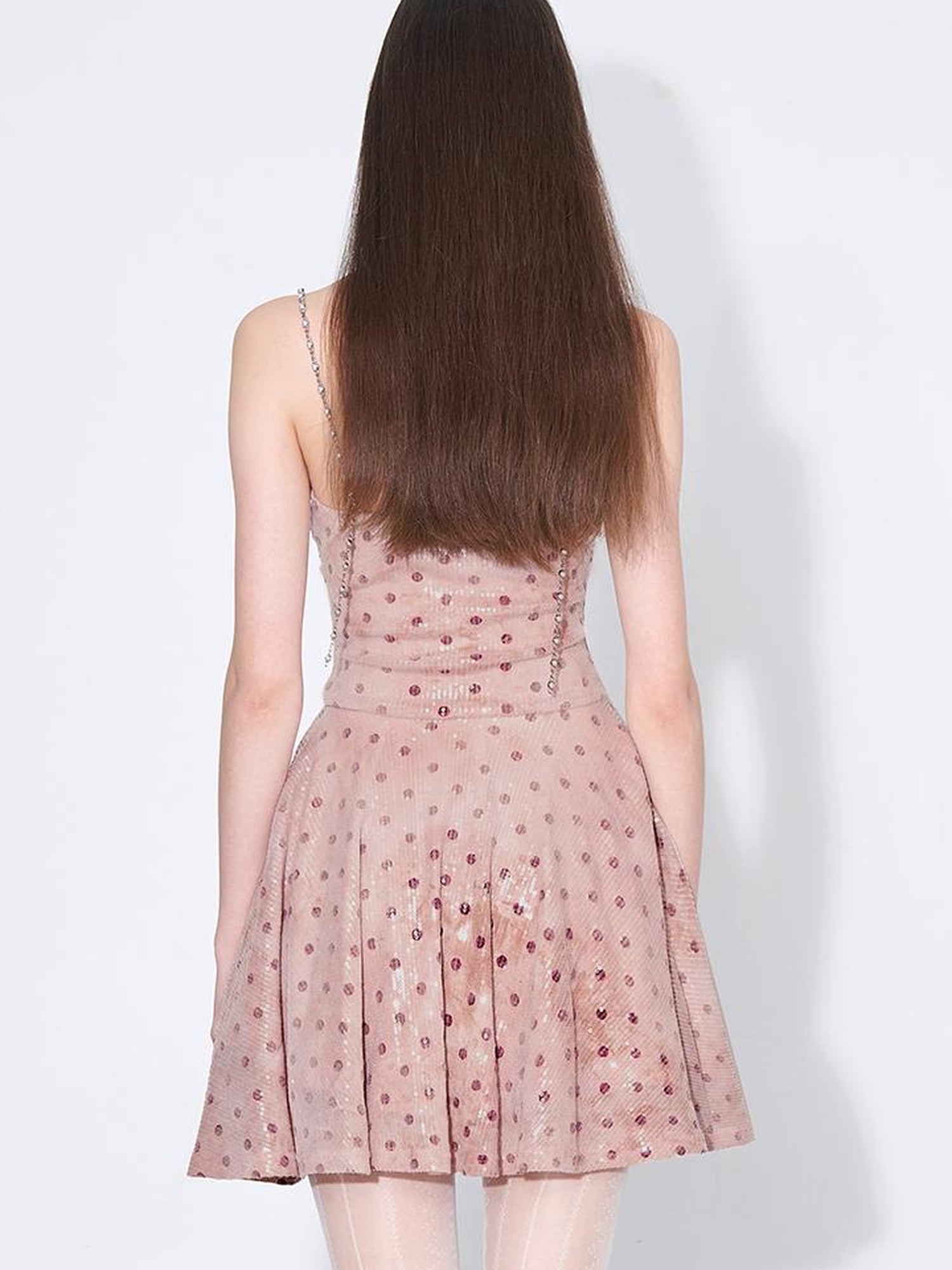 AFTADAWN Magellanic Cloud Pink Sequin Dot Draped Neckline Chain Strap Dress