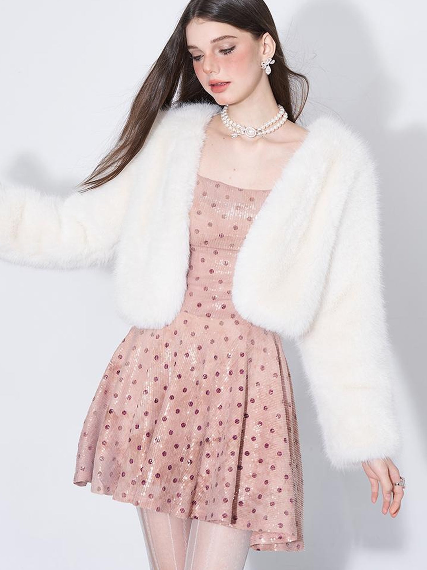 AFTADAWN Magellanic Cloud Pink Sequin Dot Draped Neckline Chain Strap Dress