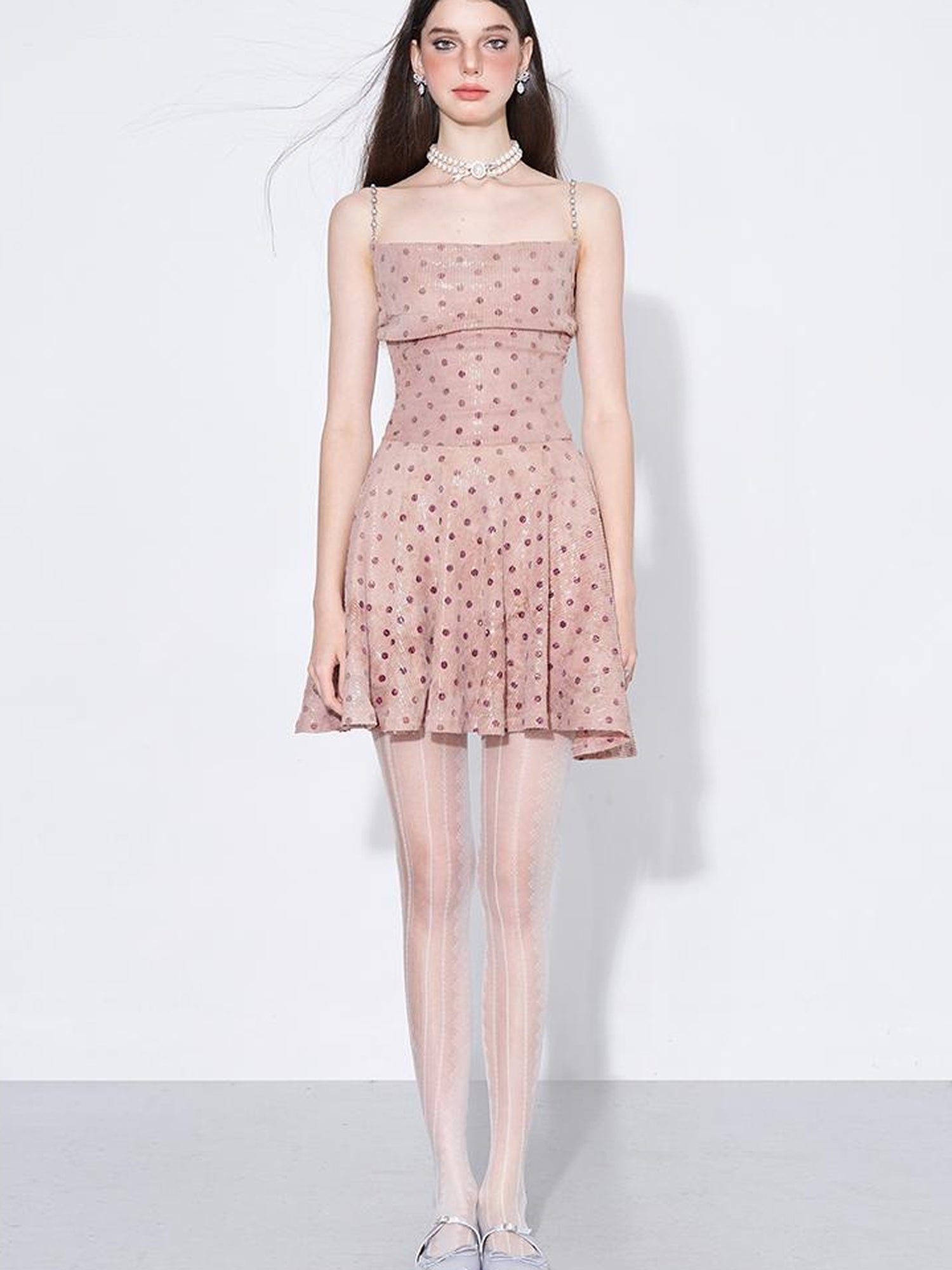 AFTADAWN Magellanic Cloud Pink Sequin Dot Draped Neckline Chain Strap Dress
