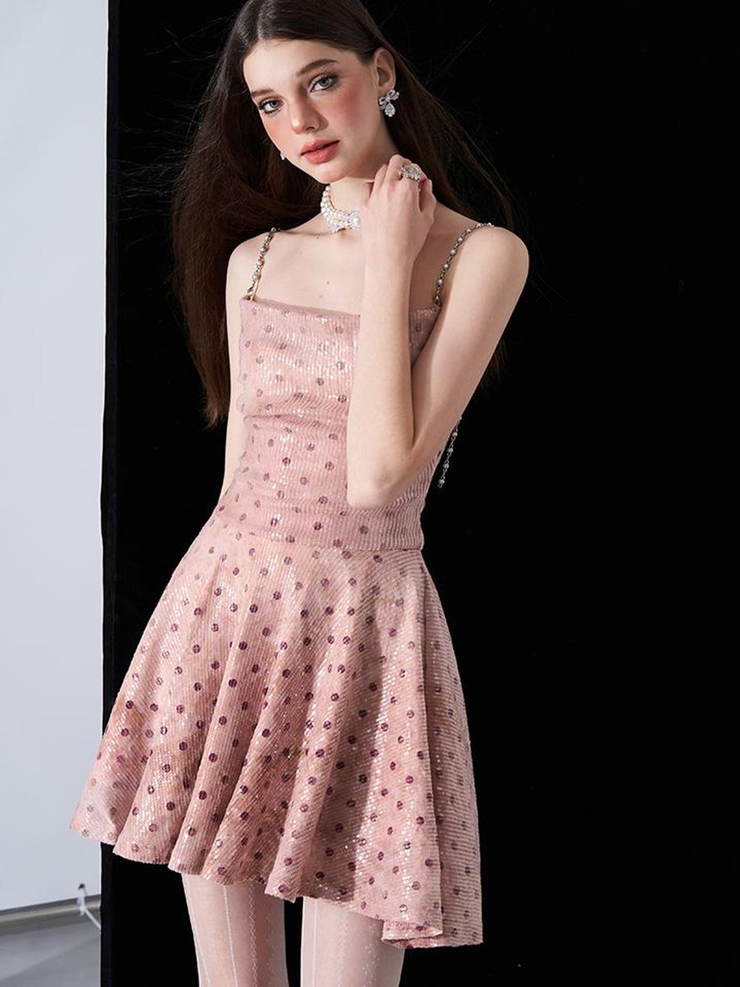 AFTADAWN Magellanic Cloud Pink Sequin Dot Draped Neckline Chain Strap Dress