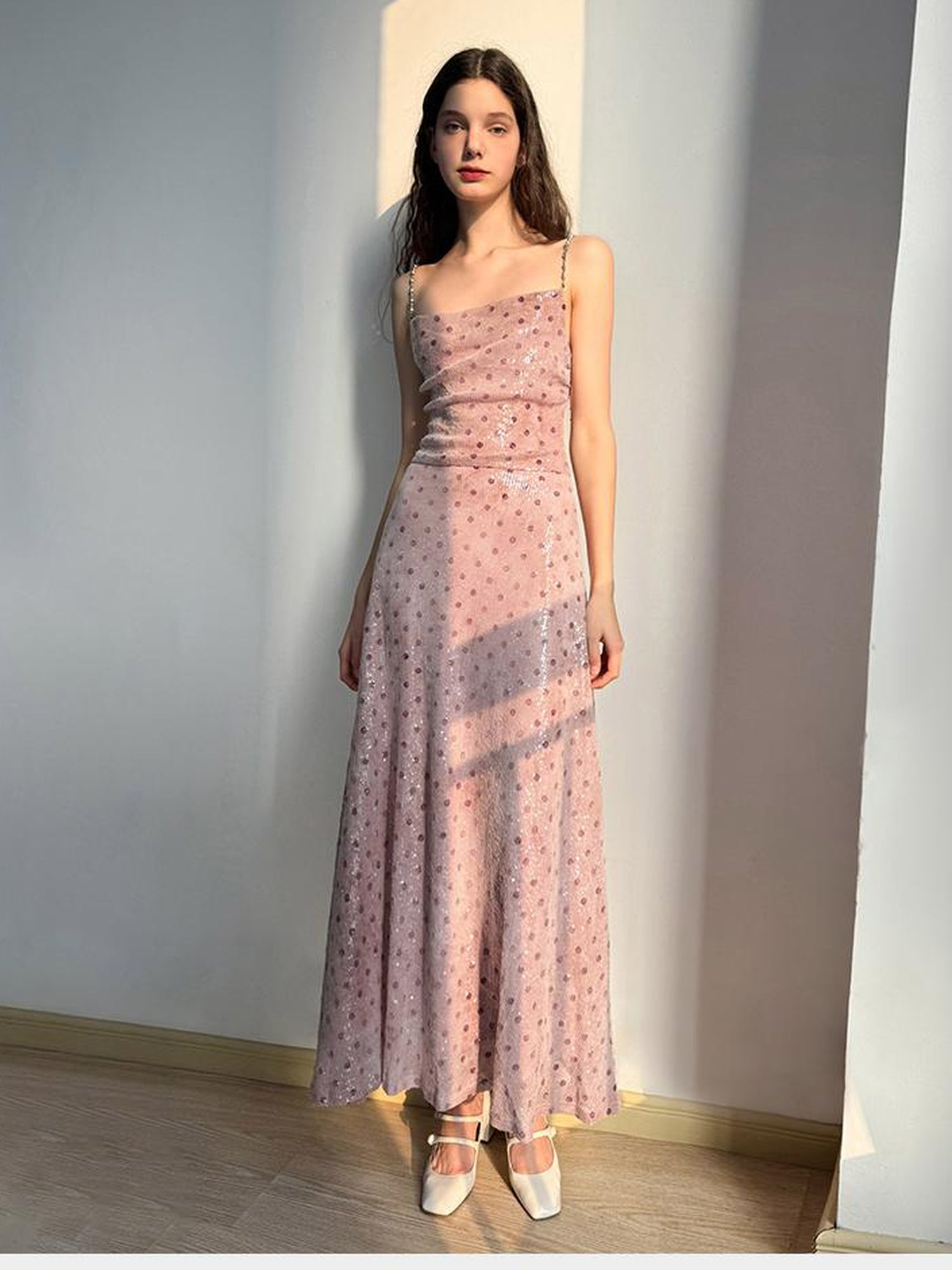 AFTADAWN Magellanic Cloud Pink Sequin Dot Draped Neckline Chain Strap Dress