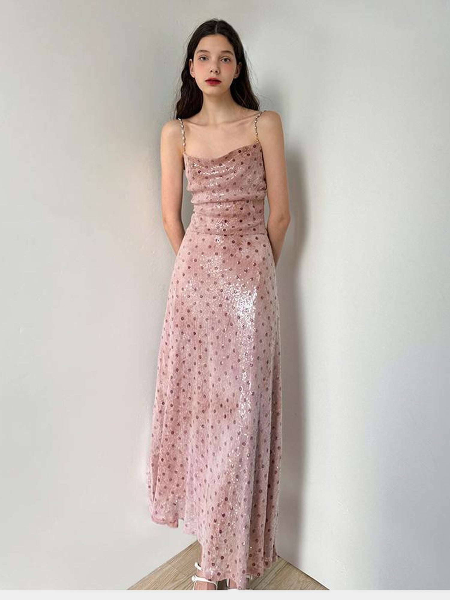 AFTADAWN Magellanic Cloud Pink Sequin Dot Draped Neckline Chain Strap Dress