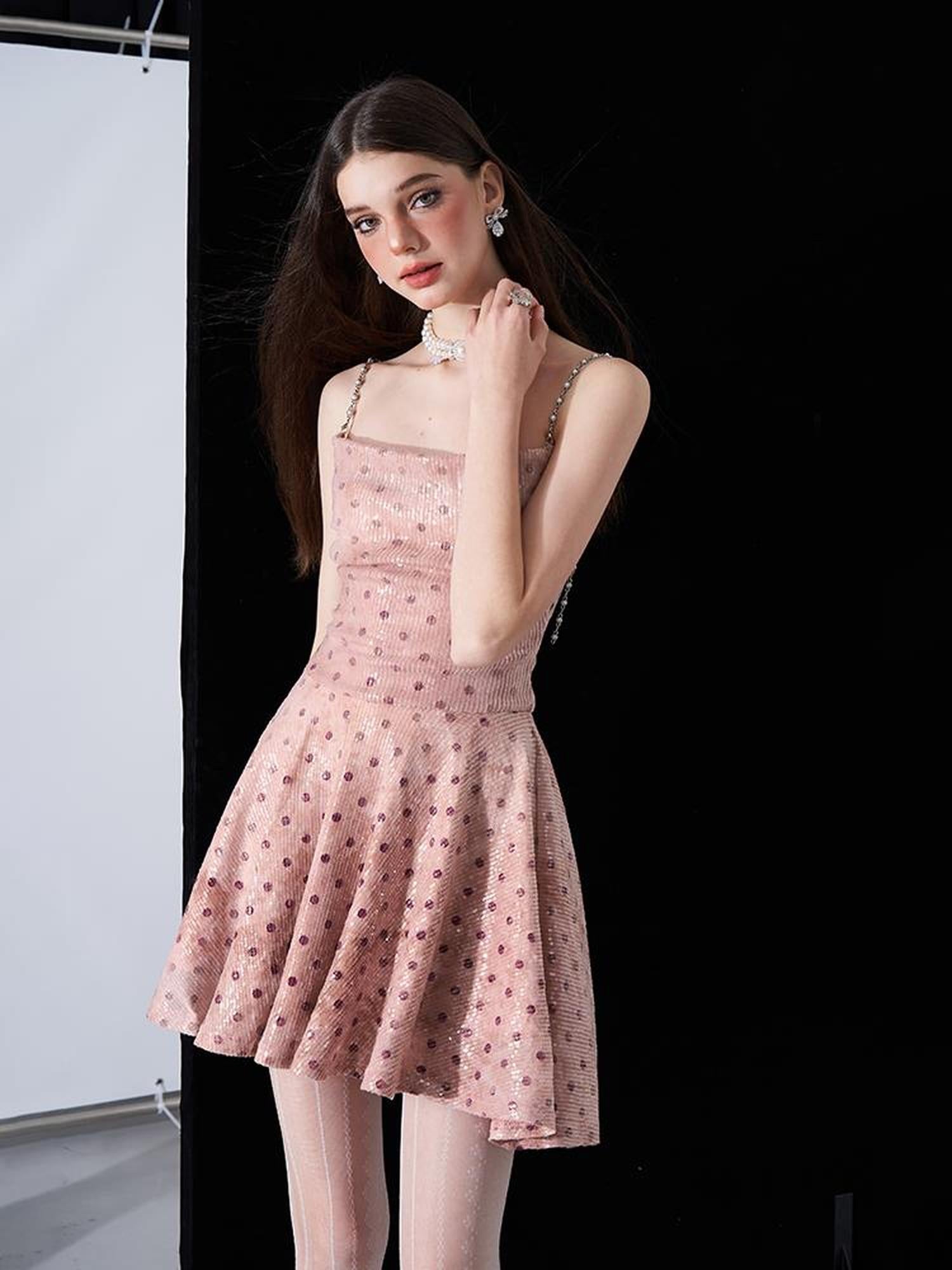 AFTADAWN Magellanic Cloud Pink Sequin Dot Draped Neckline Chain Strap Dress