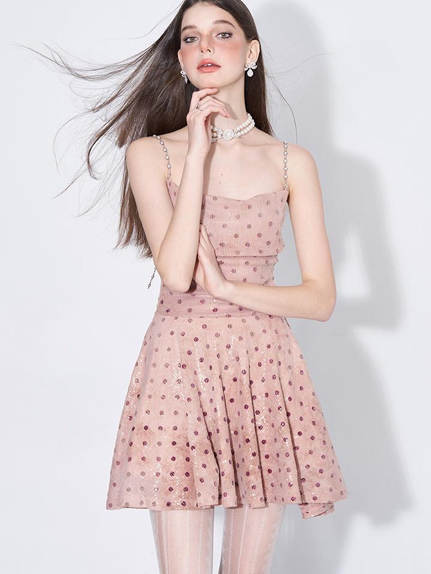 AFTADAWN Magellanic Cloud Pink Sequin Dot Draped Neckline Chain Strap Dress