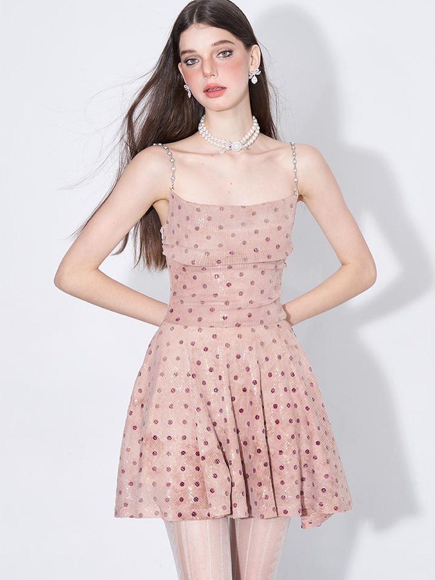AFTADAWN Magellanic Cloud Pink Sequin Dot Draped Neckline Chain Strap Dress
