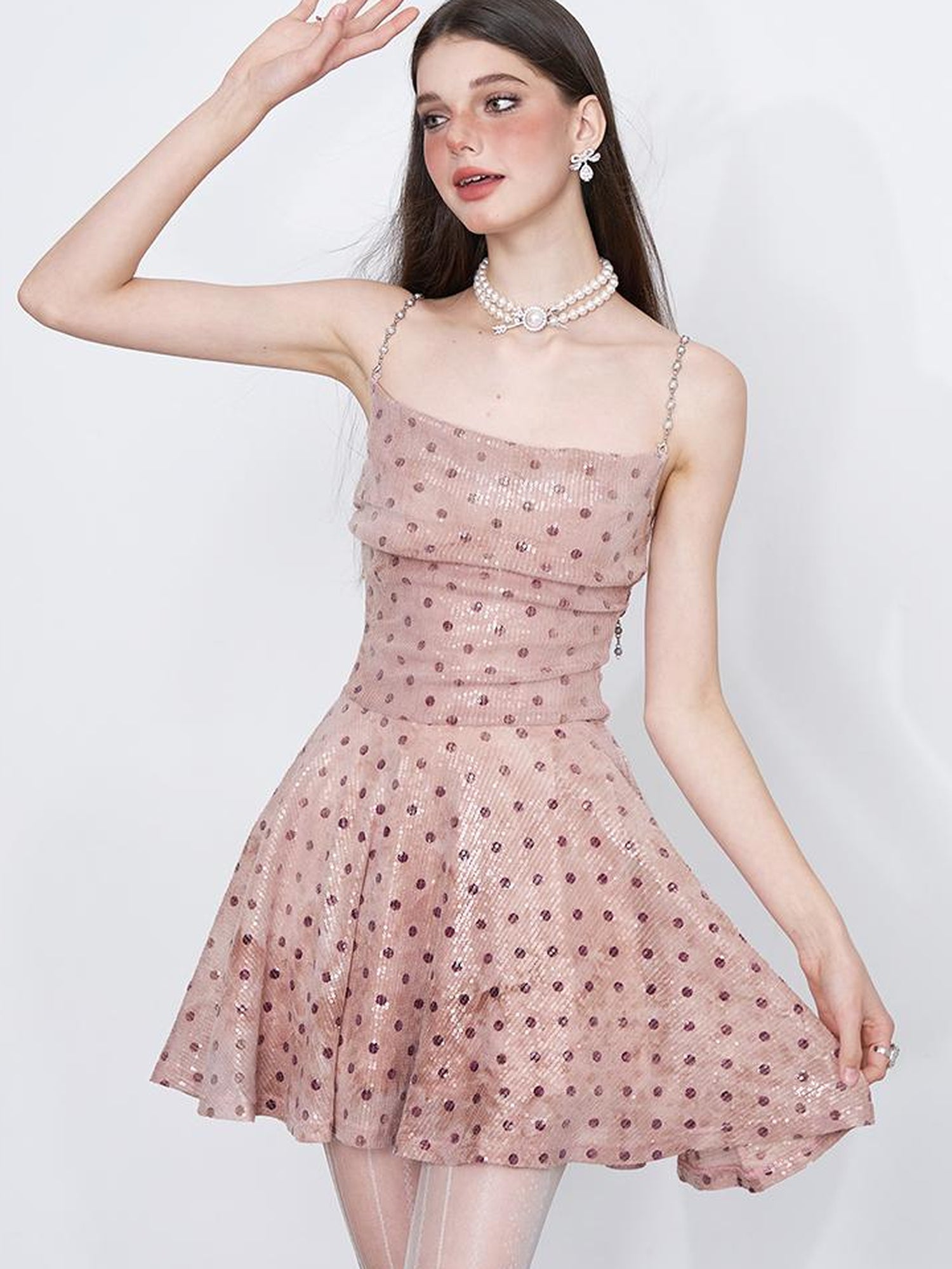 AFTADAWN Magellanic Cloud Pink Sequin Dot Draped Neckline Chain Strap Dress