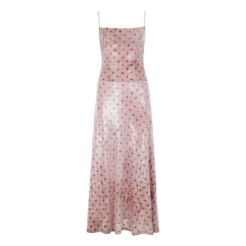 AFTADAWN_Magellanic_Cloud_Pink_Sequin_Dot_Draped_Neckline_Chain_Strap_Dress_MISSTT