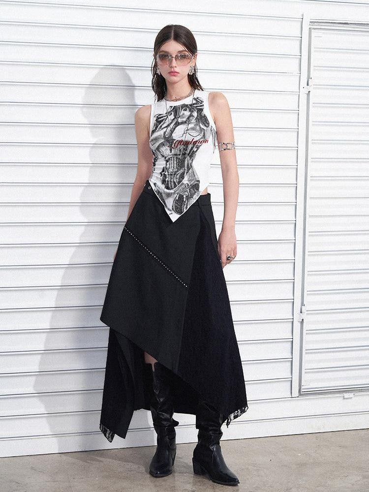 AFTADAWN Mechanical Print Asymmetrical Lace Women&