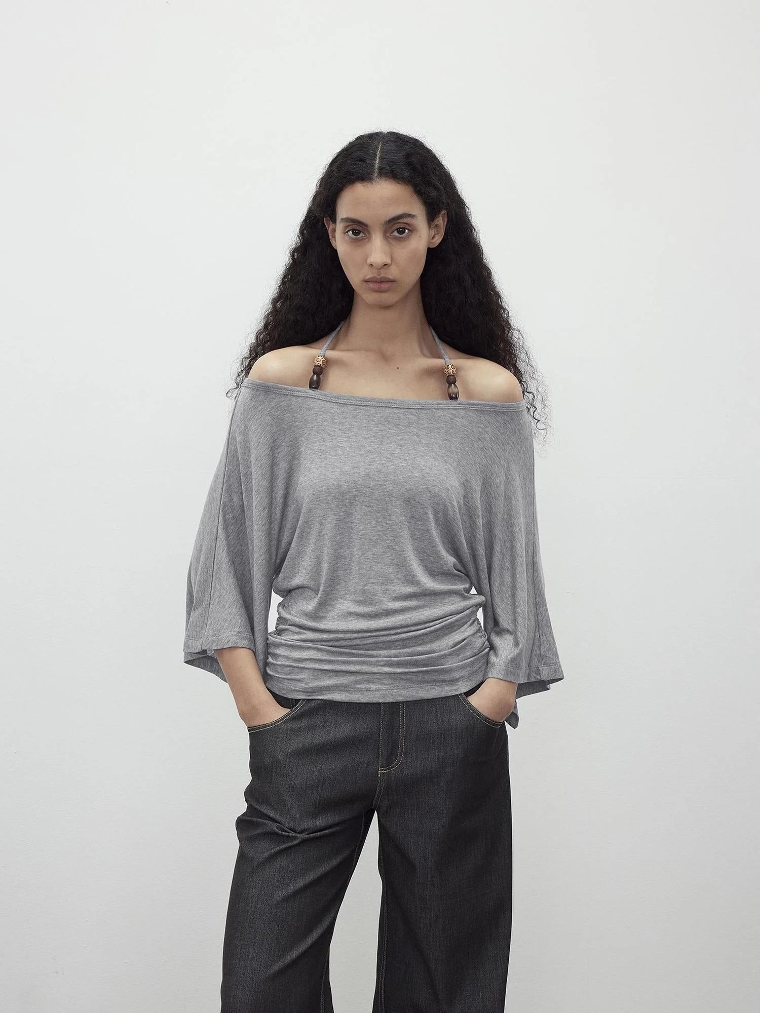 Merino Wool Beaded Off Shoulder Layered Top