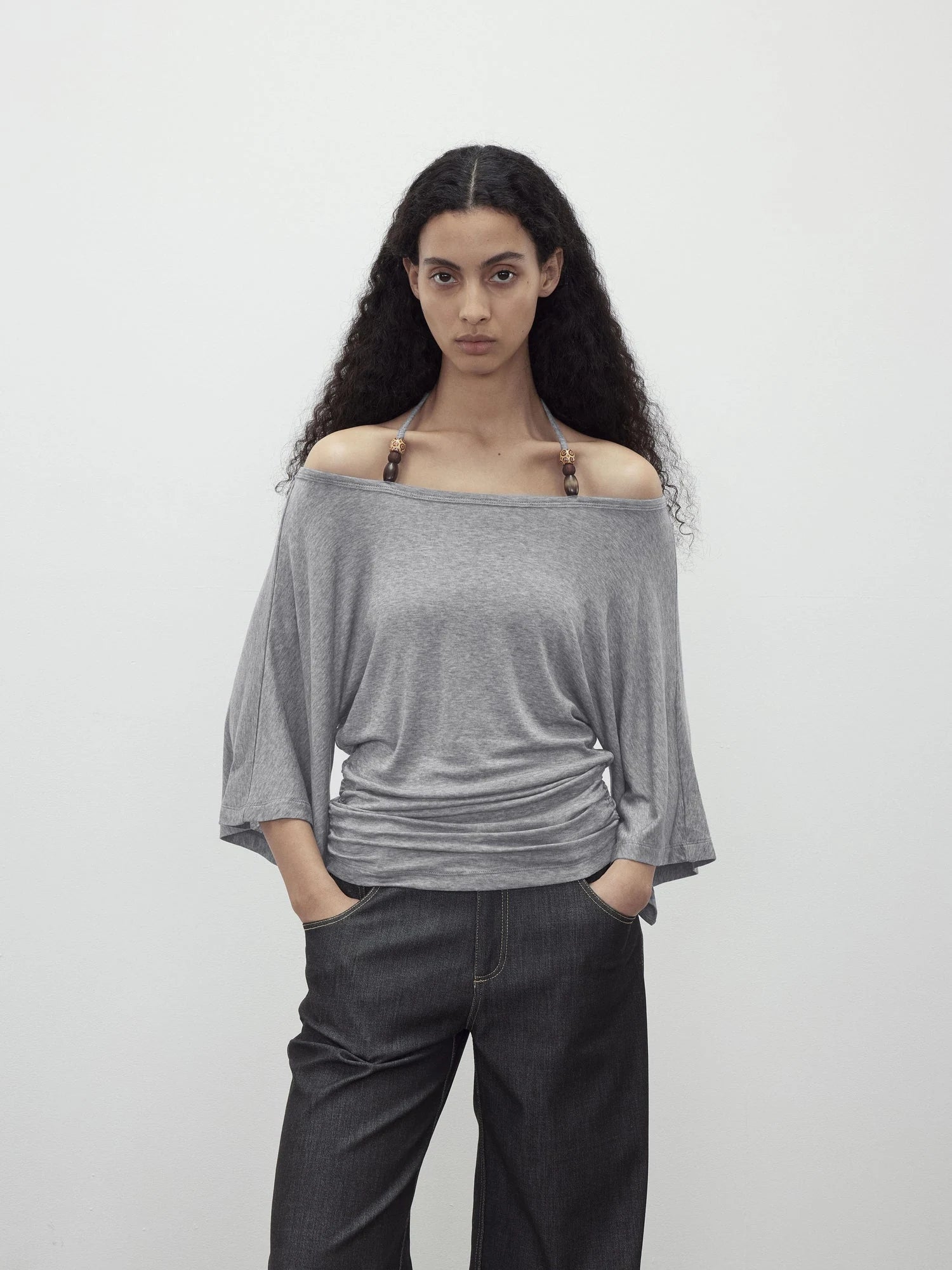 Merino Wool Beaded Off Shoulder Layered Top