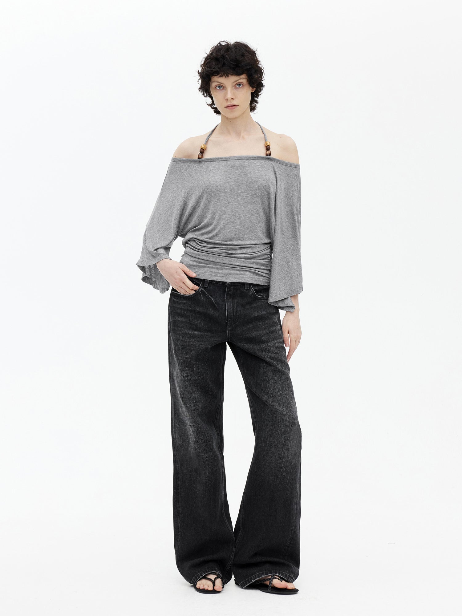 AFTADAWN Merino Wool Beaded Off Shoulder Layered Top