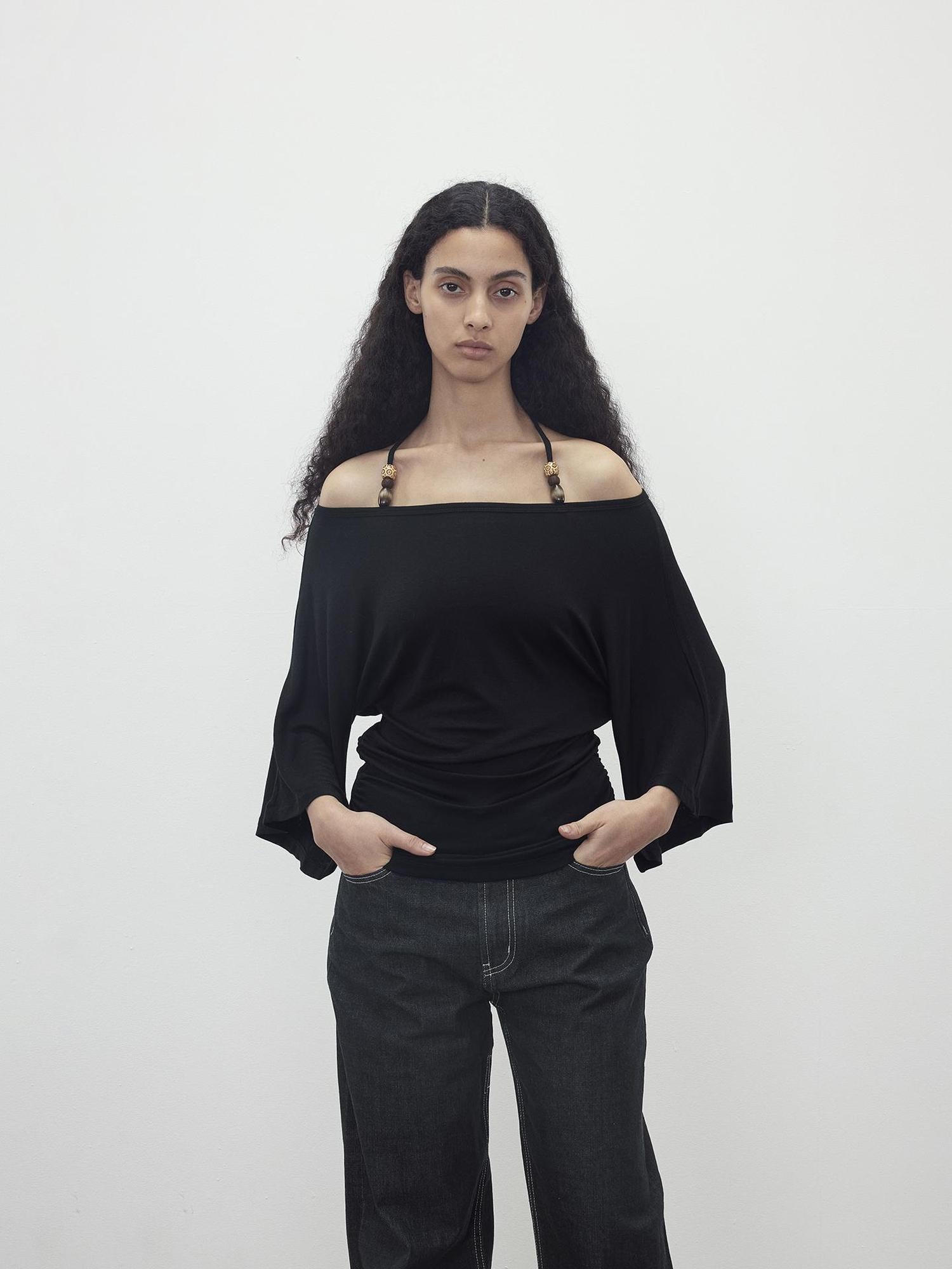 AFTADAWN Merino Wool Beaded Off Shoulder Layered Top