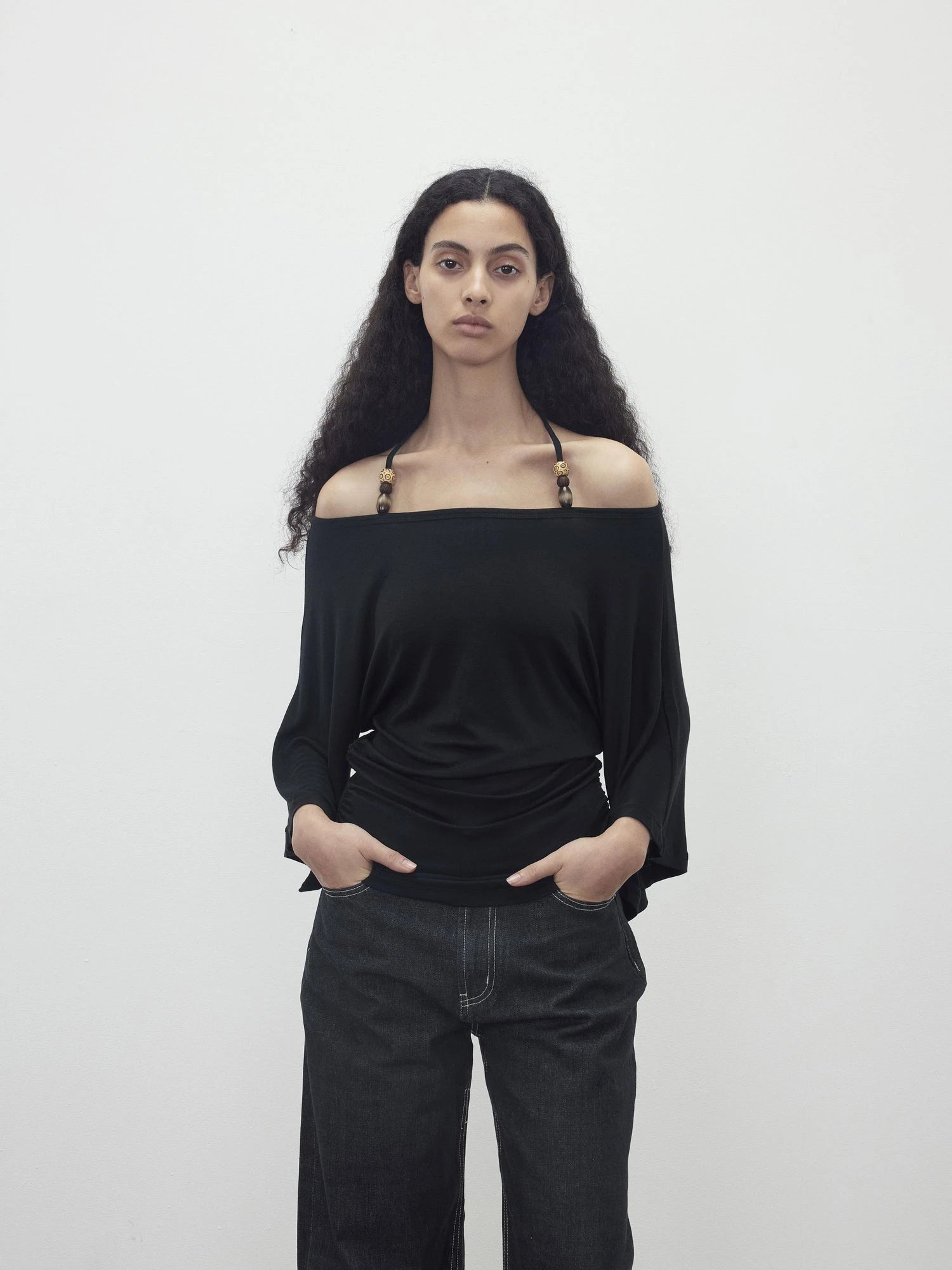 Merino Wool Beaded Off Shoulder Layered Top