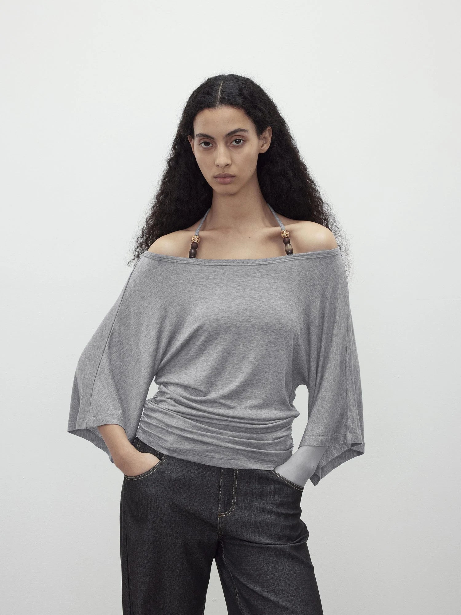 Merino Wool Beaded Off Shoulder Layered Top