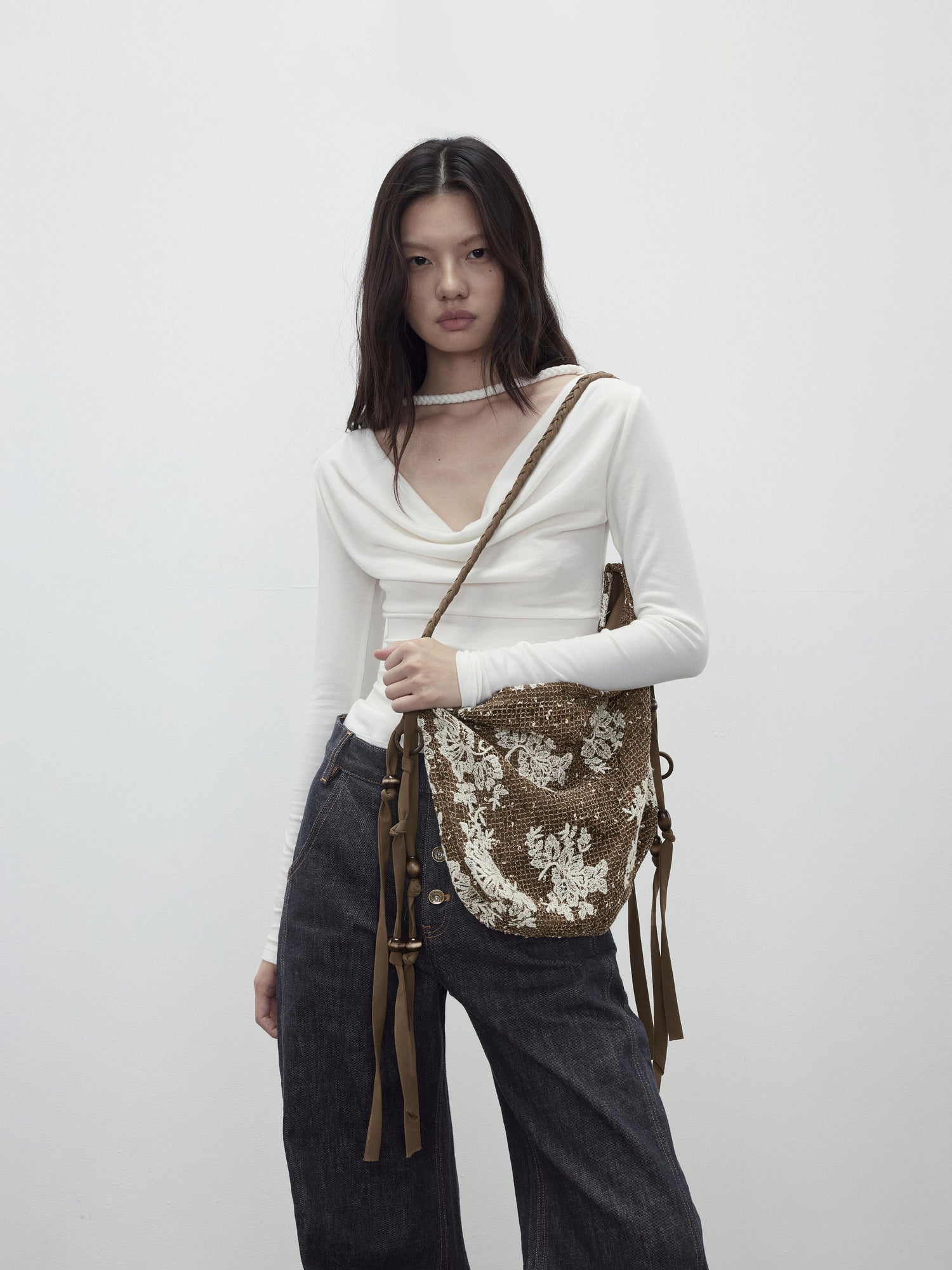 AFTADAWN Mesh Beaded Fringe Tote With 3D Pattern